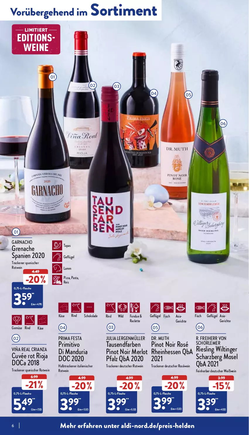 Aktueller Prospekt Aldi Nord - Aldi-Aktuell - von 11.04 bis 16.04.2022 - strona 6 - produkty: aldi, cuvée, eis, fisch, flasche, Fondue, Geflügel, Käse, lamm, merl, merlot, Müller, nacho, pasta, Pinot, pinot noir, pizza, primitivo, reis, Ria, riesling, rind, rioja, roséwein, rotwein, schoko, schokolade, schorle, Tapas, Ti, wein, weine, Weißwein, Wild