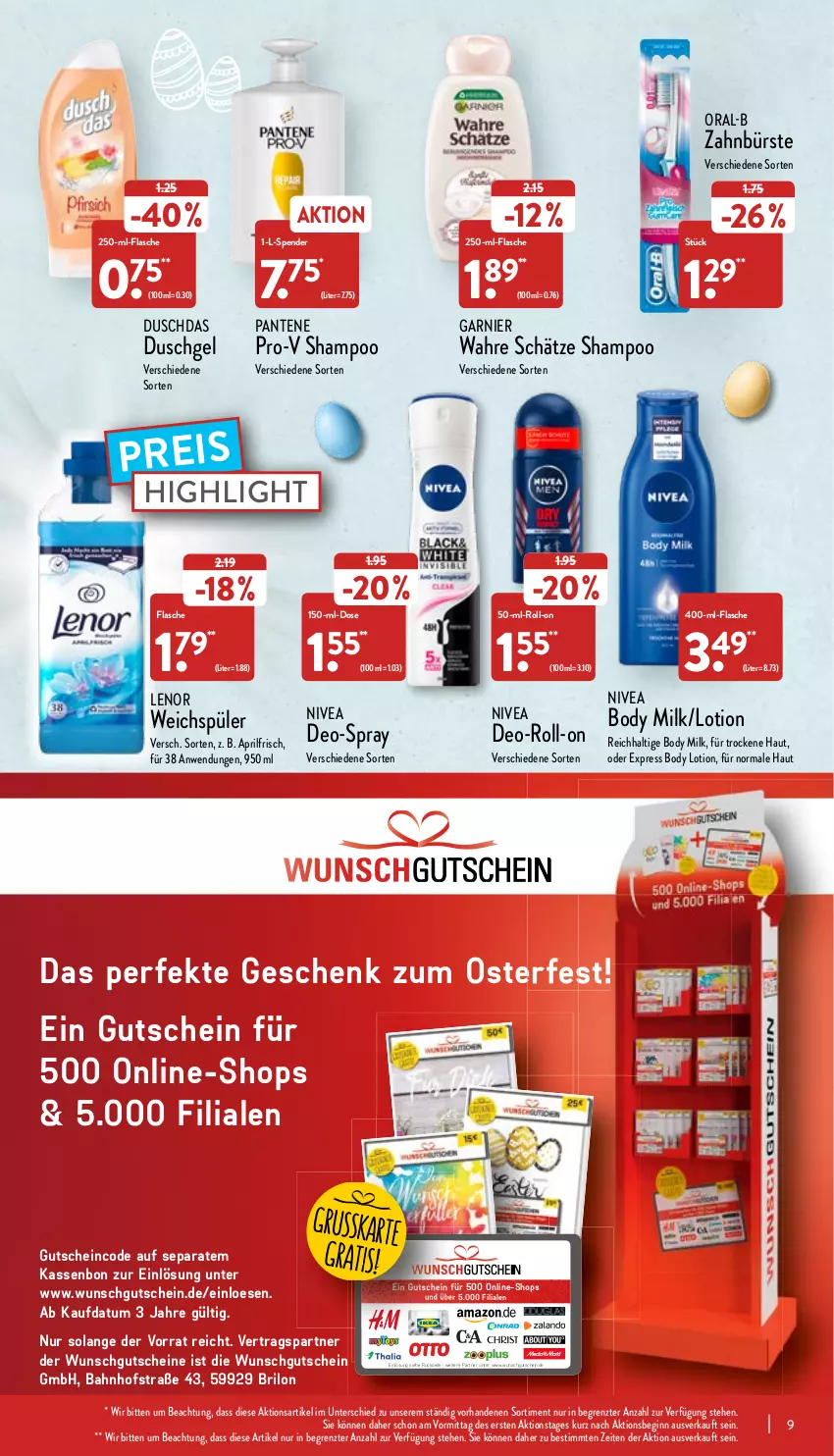 Aktueller Prospekt Aldi Nord - Aldi-Aktuell - von 11.04 bis 16.04.2022 - strona 9 - produkty: body, body lotion, body milk, bürste, deo, duschdas, duschgel, eis, flasche, garnier, gin, gutschein, gutscheine, lenor, lenor weichspüler, Lotion, nivea, oral-b, pantene, pril, pro-v, reis, roll-on, shampoo, Ti, Wahre Schätze, weichspüler, zahnbürste, ZTE