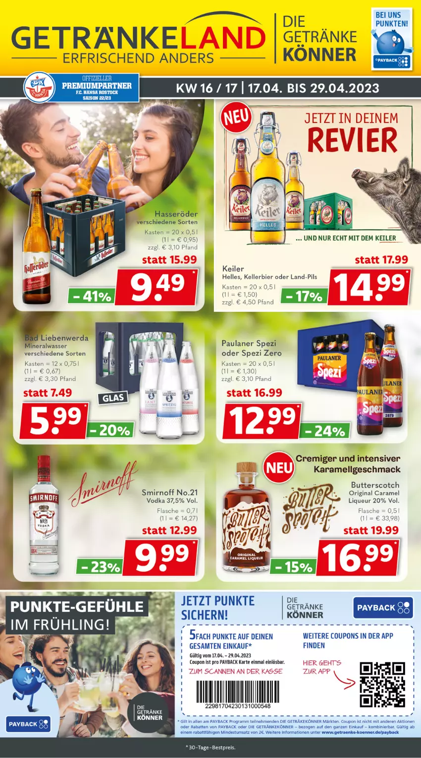 Aktueller Prospekt Getraenkeland - von 17.04 bis 29.04.2023 - strona 1 - produkty: Alwa, bestpreis, bier, butter, caramel, coupon, coupons, eis, elle, flasche, getränk, getränke, gin, karamell, kellerbier, LG, liqueur, mac, Paula, paulaner, payback, pils, reis, scotch, smirnoff, Spezi, Ti, vodka, wasser