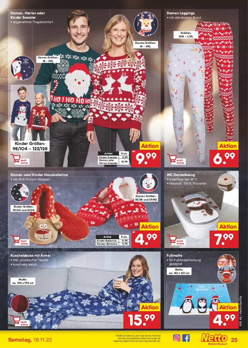 Aktueller Prospekt Netto Marken-Discount - Filial-Angebote - von 14.11 bis 19.11.2022 - strona 25 - produkty: angebot, ball, decke, Deckel, eis, Fußmatte, gin, Kinder, kuscheldecke, leggings, reis, Ria, Sweater, Tasche, Ti, tisch, usb, ZTE