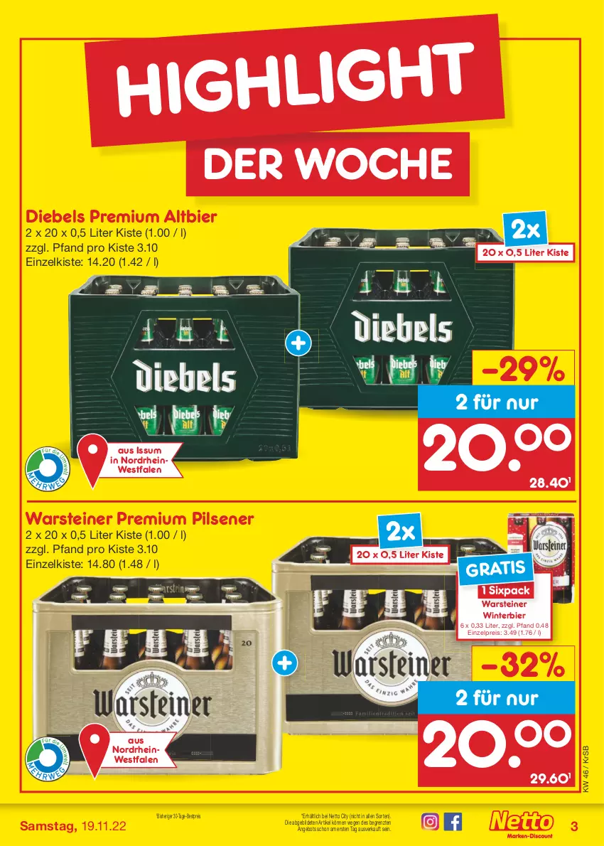 Aktueller Prospekt Netto Marken-Discount - Filial-Angebote - von 14.11 bis 19.11.2022 - strona 3 - produkty: angebot, bestpreis, bier, diebels, eis, pils, pilsener, premium pils, reis, steiner, Ti, warsteiner, ZTE