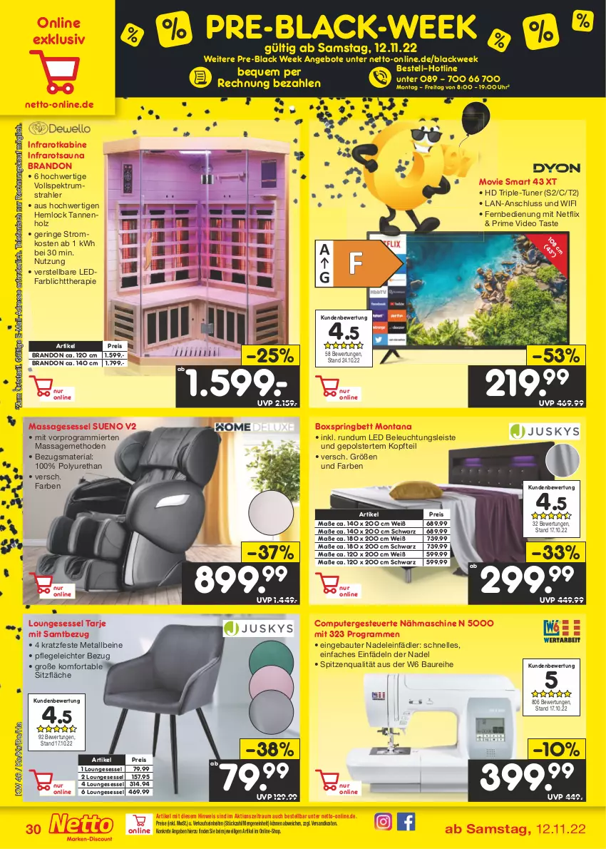 Aktueller Prospekt Netto Marken-Discount - Filial-Angebote - von 14.11 bis 19.11.2022 - strona 30 - produkty: angebot, angebote, Bau, beleuchtung, bett, black week, boxspringbett, computer, deo, eis, elle, fernbedienung, Holz, lack, loungesessel, montana, Nähmaschine, ndk, netflix, pute, reis, Ria, ring, rum, sessel, Spektrum, spitzenqualität, telefon, Ti, tuner, uhr