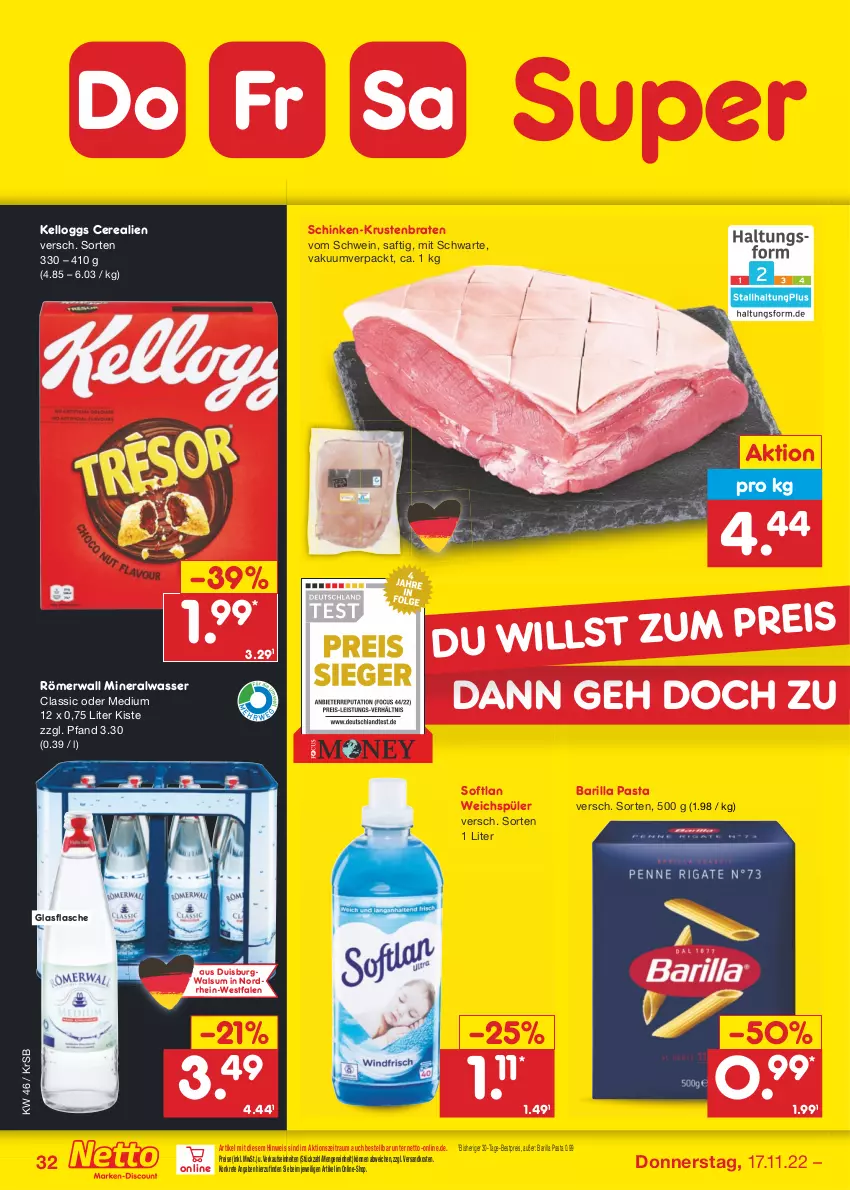 Aktueller Prospekt Netto Marken-Discount - Filial-Angebote - von 14.11 bis 19.11.2022 - strona 32 - produkty: Alwa, barilla, bestpreis, braten, cerealien, eis, flasche, glasflasche, krustenbraten, mineralwasser, Mineralwasser Classic, ndk, pasta, reis, saft, schinken, schwein, Softlan, Ti, wasser, weichspüler, wein