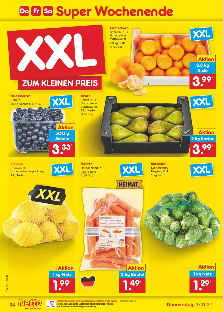 Aktueller Prospekt Netto Marken-Discount - Filial-Angebote - von 14.11 bis 19.11.2022 - strona 34 - produkty: beere, beeren, bestpreis, beutel, Birnen, clementinen, eis, heidelbeere, heidelbeeren, leine, LG, möhren, ndk, reis, rosen, Rosenkohl, Schal, Schale, Ti, zitrone, zitronen