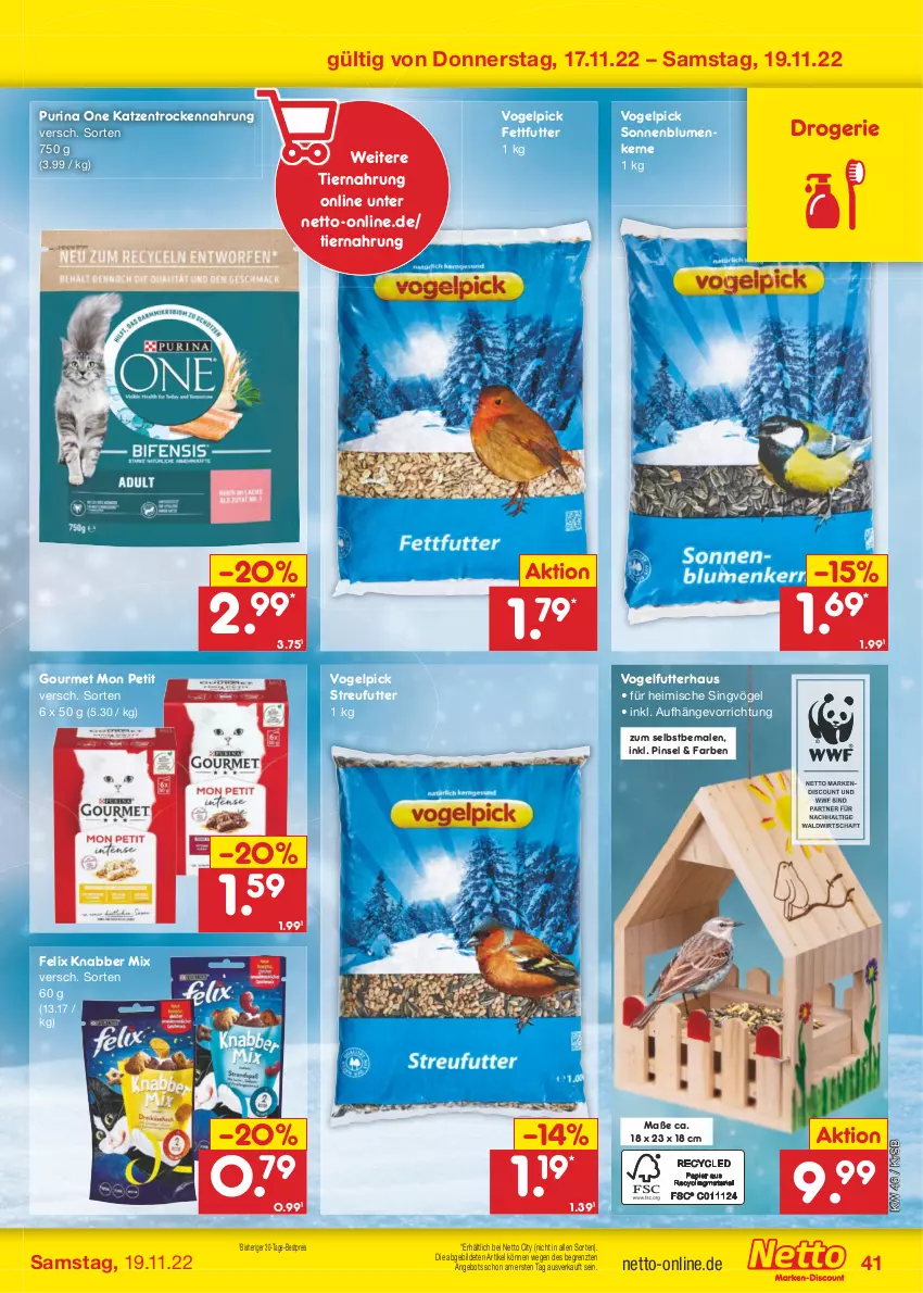 Aktueller Prospekt Netto Marken-Discount - Filial-Angebote - von 14.11 bis 19.11.2022 - strona 41 - produkty: angebot, bestpreis, blume, blumen, discount, eis, felix, Pinsel, purina, reis, sonnenblume, sonnenblumen, Sonnenblumenkerne, Streufutter, Ti, tiernahrung, Trockennahrung, Vogelfutter, ZTE