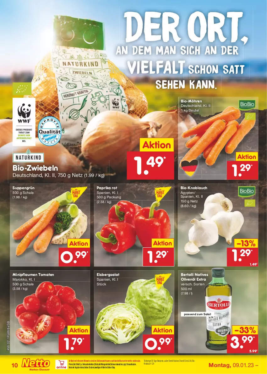 Aktueller Prospekt Netto Marken-Discount - Filial-Angebote - von 09.01 bis 14.01.2023 - strona 10 - produkty: bertolli, bestpreis, beutel, bio, eis, eisbergsalat, knoblauch, möhren, natives olivenöl, ndk, olive, oliven, olivenöl, olivenöl extra, paprika, paprika rot, pflaume, pflaumen, reis, salat, Schal, Schale, suppe, suppen, Ti, tomate, tomaten, zwiebel, zwiebeln