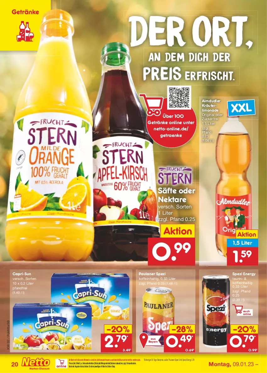 Aktueller Prospekt Netto Marken-Discount - Filial-Angebote - von 09.01 bis 14.01.2023 - strona 20 - produkty: almdudler, bestpreis, Cap, capri-sun, eis, getränk, getränke, gin, kräuter, limo, limonade, ndk, Nektar, Paula, paulaner, reis, säfte, Spezi, Ti, zucker