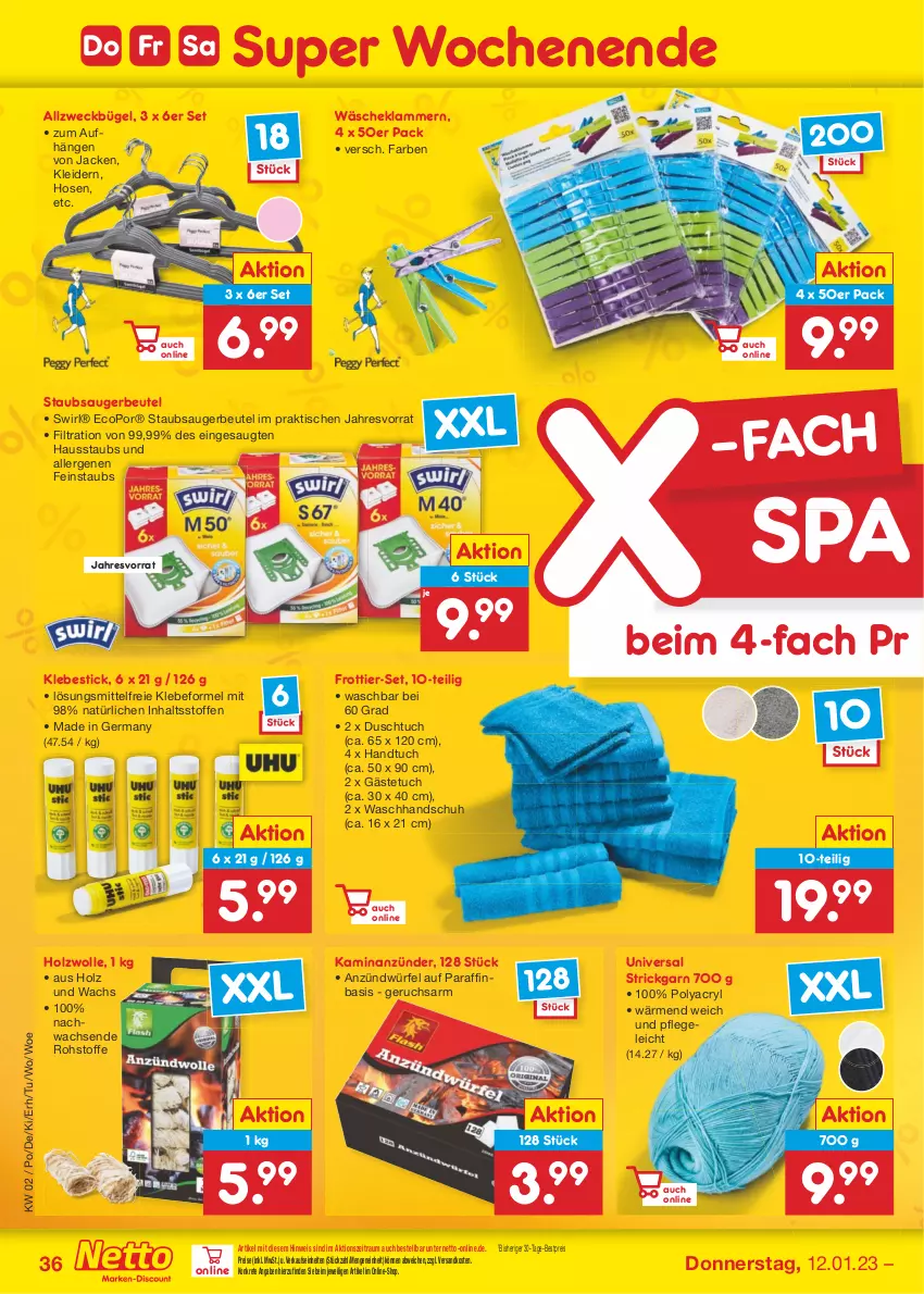 Aktueller Prospekt Netto Marken-Discount - Filial-Angebote - von 09.01 bis 14.01.2023 - strona 36 - produkty: anzünder, bestpreis, beutel, bügel, duschtuch, eis, Frottier-Set, gästetuch, Germ, handtuch, Holz, hose, hosen, Jacke, Kamin, Klammern, kleid, kleider, lamm, ndk, reis, staubsauger, staubsaugerbeutel, Strickgarn, swirl, Ti, tisch, tuc, waschhandschuh, weck, wolle, würfel