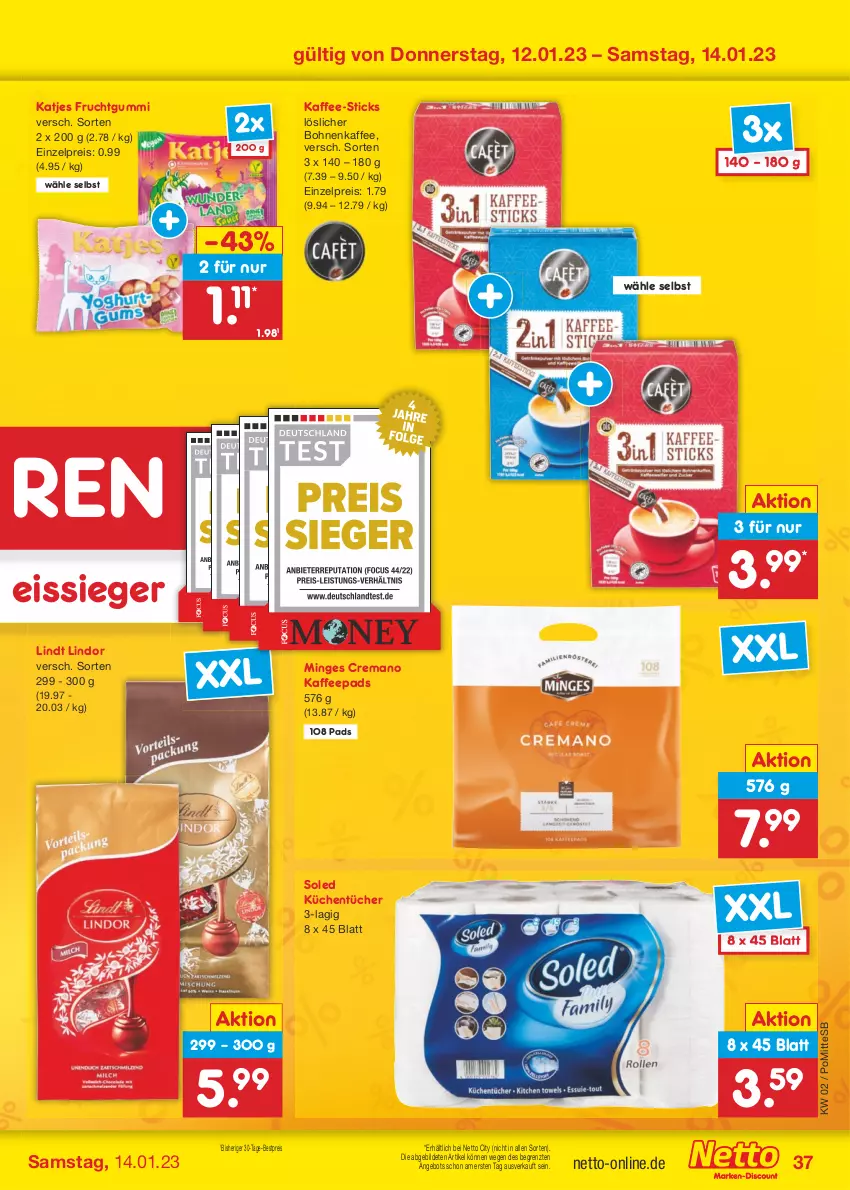 Aktueller Prospekt Netto Marken-Discount - Filial-Angebote - von 09.01 bis 14.01.2023 - strona 37 - produkty: angebot, bestpreis, bohne, bohnen, bohnenkaffee, eis, frucht, fruchtgummi, kaffee, kaffeepads, katjes, küche, Küchen, küchentücher, lindor, lindt, löslicher bohnenkaffee, reis, Ti, tücher, ZTE