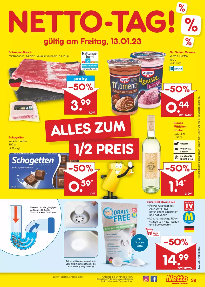 Aktueller Prospekt Netto Marken-Discount - Filial-Angebote - von 09.01 bis 14.01.2023 - strona 39 - produkty: angebot, auer, Bau, bestpreis, bier, Dr. Oetker, dusche, eis, fleisch, kraft, Löffel, mousse, passend für alle, perlen, Reinigung, Reinigungsschaum, reis, schogetten, schwein, schweine, schweine-bauch, Seife, Soda, Ti, topf, waschbecken, wasser, wein, weine, Weißwein, wurst, wurst in selbstbedienung, ZTE