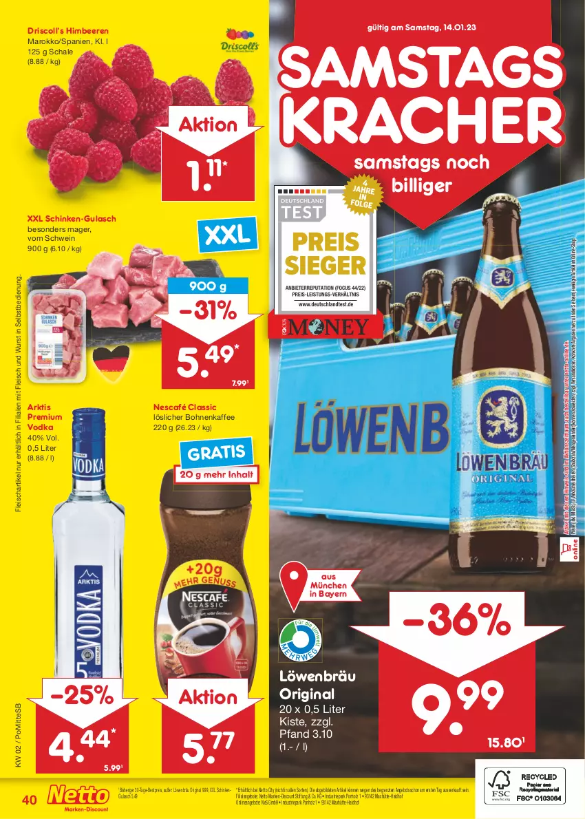 Aktueller Prospekt Netto Marken-Discount - Filial-Angebote - von 09.01 bis 14.01.2023 - strona 40 - produkty: angebot, angebote, beere, beeren, bestpreis, bohne, bohnen, bohnenkaffee, discount, eis, fleisch, gin, gulasch, himbeer, himbeere, himbeeren, Holz, kaffee, kracher, löslicher bohnenkaffee, marken-discount, ndk, Nescafé, premium vodka, reis, Schal, Schale, schinken, schwein, Ti, vodka, wein, wurst, wurst in selbstbedienung, ZTE