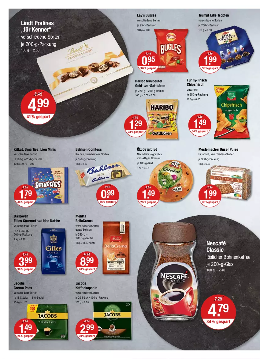 Aktueller Prospekt Vmarkt - V-Markt - von 07.04 bis 13.04.2022 - strona 10 - produkty: bahlsen, bellacrema, beutel, bohne, bohnen, bohnenkaffee, brot, bugles, chips, chipsfrisch, comtess, crema pads, darbo, darboven, eilles gourmet, funny-frisch, hafer, haribo, Hefe, jacobs, Jacobs Crema, je 250-g-packung, kaffee, kaffeekapseln, kitkat, kuchen, lindt, lion, löslicher bohnenkaffee, mac, melitta, mestemacher, milch, Nescafé, rum, saft, smarties, Ti