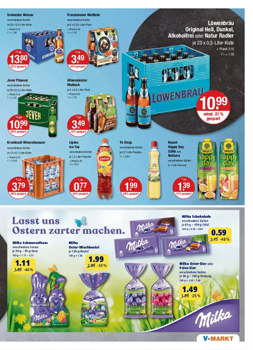 Aktueller Prospekt Vmarkt - V-Markt - von 07.04 bis 13.04.2022 - strona 11 - produkty: alkohol, Altenmünster, Alwa, beutel, bier, eier, eis, flasche, franziskaner, gin, Happy Day, ice tea, jever, jever pilsener, krumbach, lipton, lipton ice tea, milka, milka schokolade, mineralwasser, natur, natur radler, Nektar, pils, pilsener, radler, Rauch, rum, säfte, schoko, schokolade, sirup, wasser, Yo