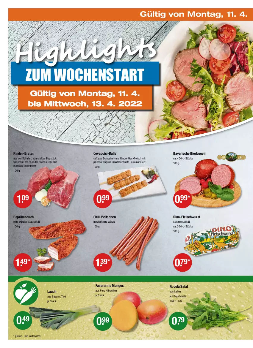 Aktueller Prospekt Vmarkt - V-Markt - von 07.04 bis 13.04.2022 - strona 26 - produkty: ball, Bau, bier, braten, cevapcici, chili, cola, eis, elle, filet, fleisch, fleischwurst, hackfleisch, knoblauch, Kugel, mango, mangos, paprika, rind, rinder, rinder-hackfleisch, rucola, saft, salat, Schal, Schale, schwein, schweine, Spezi, spitzenqualität, teller, Ti, wein, weine, wurst