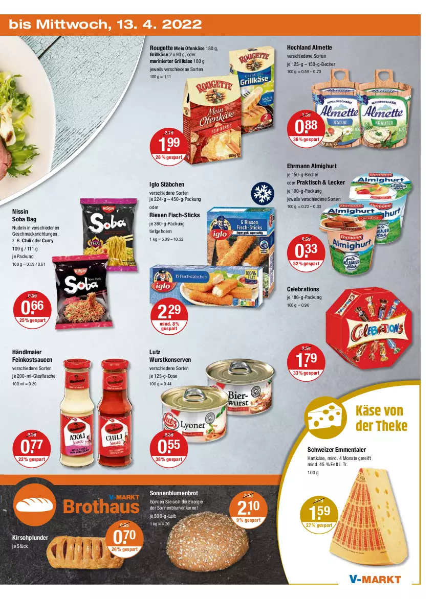 Aktueller Prospekt Vmarkt - V-Markt - von 07.04 bis 13.04.2022 - strona 27 - produkty: almette, almighur, almighurt, Becher, blume, blumen, brot, chili, curry, ehrmann, ehrmann almighurt, emmentaler, feinkost, fisch, flasche, glasflasche, grill, Grillkäse, händlmaier, hartkäse, hochland, HP, iglo, Käse, kirsch, Konserven, mac, Mett, Nissin, nudel, nudeln, Ofen, Ofenkäse, Plunder, rouge, rougette, sauce, saucen, sonnenblume, sonnenblumen, Sonnenblumenbrot, Sonnenblumenkerne, Ti, tisch, wurst, wurstkonserven