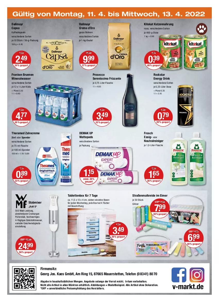 Aktueller Prospekt Vmarkt - V-Markt - von 07.04 bis 13.04.2022 - strona 28 - produkty: alle artikel ohne dekoration, Alwa, angebot, angebote, auer, beutel, bohne, bohnen, brunnen, Cap, creme, dallmayr, dallmayr capsa, dekoration, dell, drink, ecco, edelstahl, edelstahlmesser, eimer, eis, elle, energy drink, essig, flasche, franken brunnen, frizzante, Frosch, je 12 x 1-liter-kiste, kaes, kaffee, kaffeekapseln, katzennahrung, kitekat, Kreide, messer, mineralwasser, Mixer, Mode, prosecco, reiniger, reis, Ria, ring, Rockstar, sim, tablet, tablett, Tablette, telefon, teller, theramed, Ti, wasser, wattepads, zahncreme