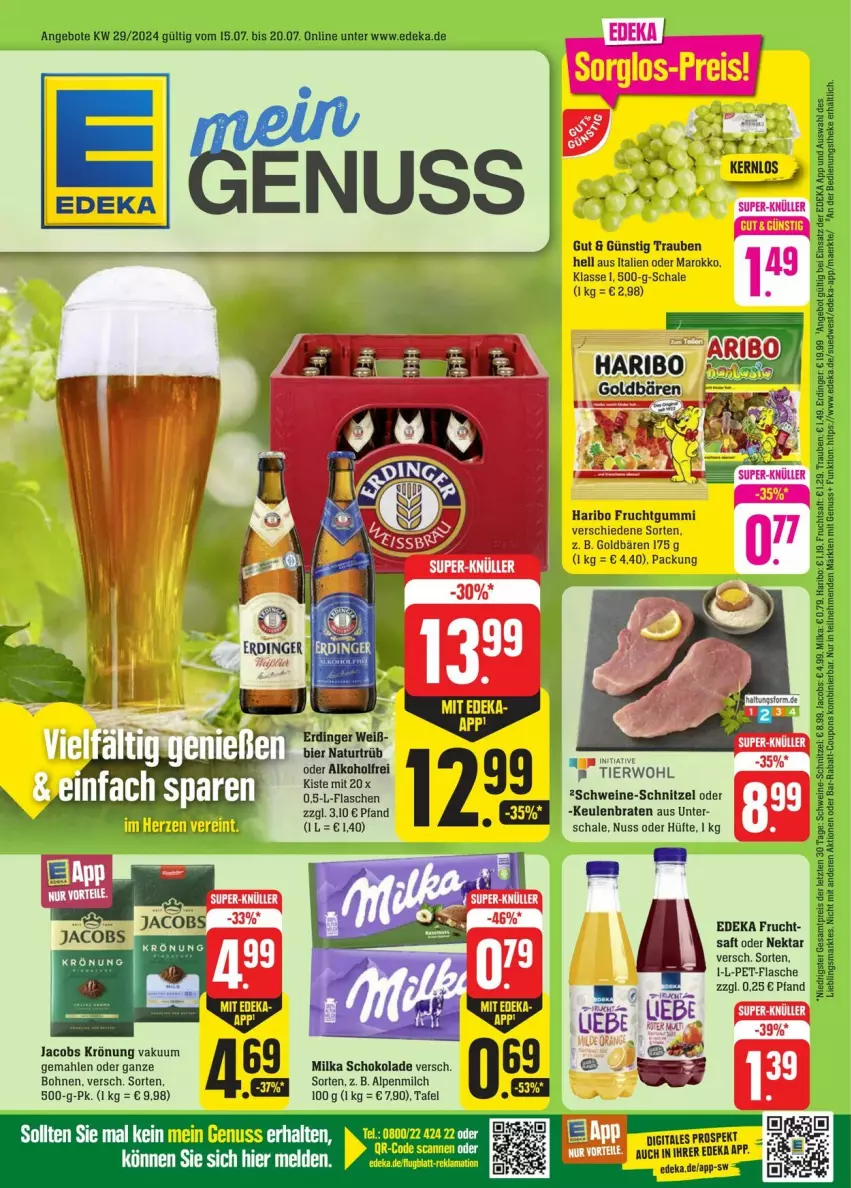 Aktueller Prospekt Edeka - Prospekte - von 13.07 bis 20.07.2024 - strona 1 - produkty: alkohol, alpenmilch, bohne, bohnen, braten, deka, flasche, frucht, jacobs, jacobs krönung, milch, milka, milka schokolade, Nektar, nuss, pet-flasche, saft, Schal, Schale, schnitzel, schoko, schokolade, Ti, wein, weine