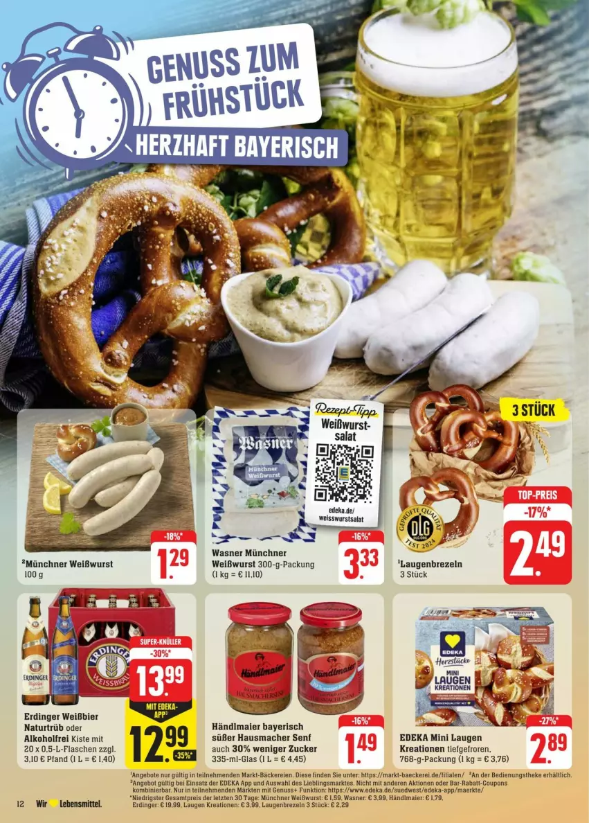 Aktueller Prospekt Edeka - Prospekte - von 13.07 bis 20.07.2024 - strona 22 - produkty: alkohol, angebot, angebote, bier, brezel, Brezeln, coupon, coupons, deka, eis, erdinger, flasche, händlmaier, Hausmacher, Laugenbrezel, lebensmittel, mac, natur, nuss, rabatt-coupon, reis, salat, senf, Ti, Weißwurst, wurst, ZTE, zucker