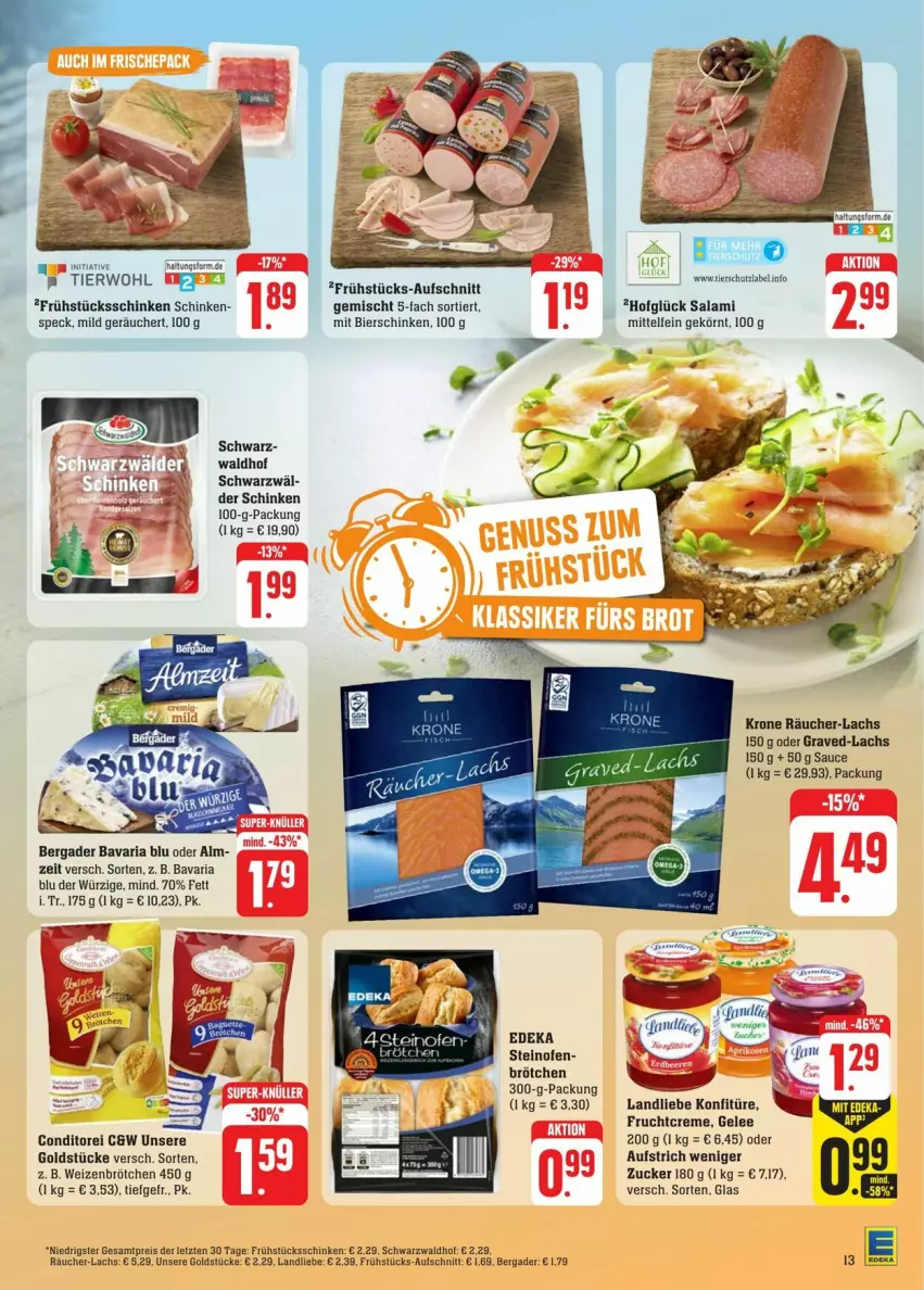 Aktueller Prospekt Edeka - Prospekte - von 13.07 bis 20.07.2024 - strona 23 - produkty: aufschnitt, aufstrich, bavaria blu, bergader, bier, bierschinken, brötchen, creme, deka, frucht, gelee, Goldstücke, konfitüre, krone, lachs, landliebe, Ofen, Ria, salami, sauce, schinken, Speck, steinofen, Ti, weizenbrötchen, Yo, ZTE, zucker