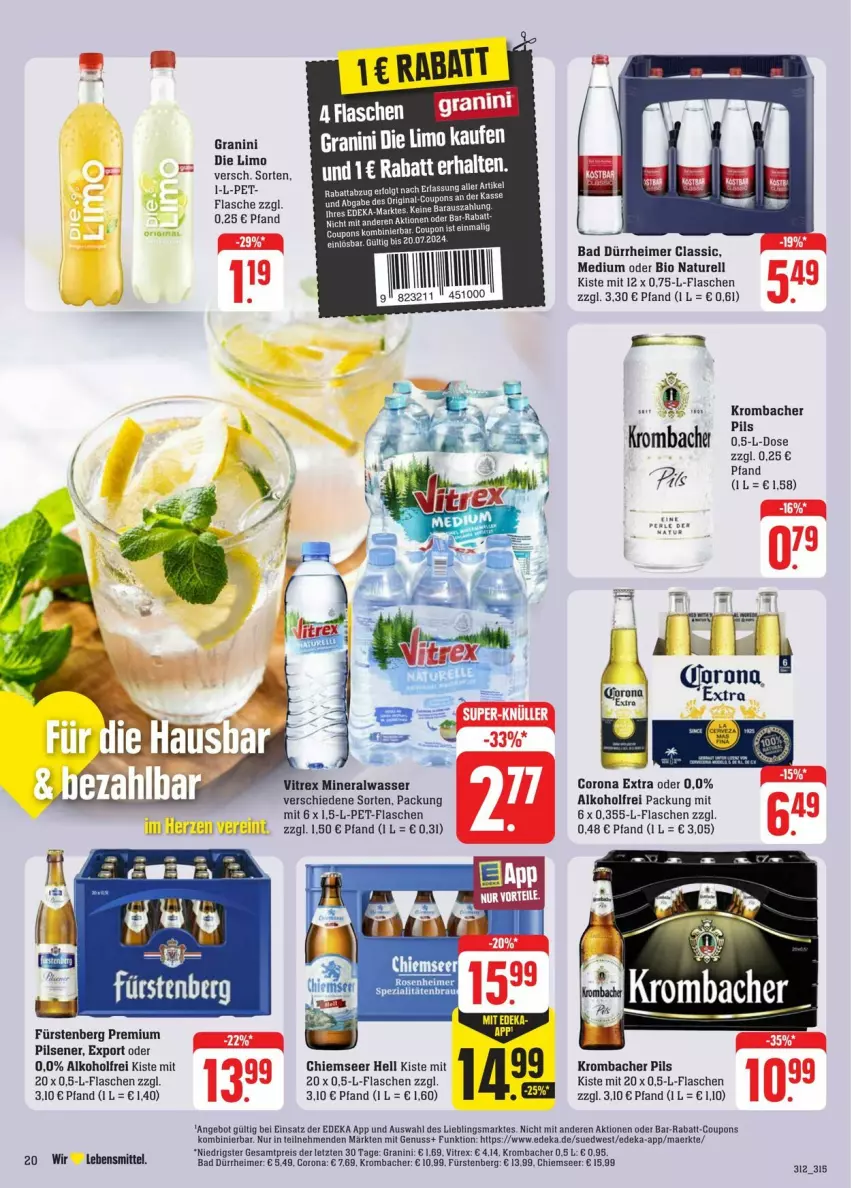 Aktueller Prospekt Edeka - Prospekte - von 13.07 bis 20.07.2024 - strona 32 - produkty: alkohol, alle coupons, Alwa, angebot, Bad, bio, cewe, corona, corona extra, coupon, coupons, deka, eimer, eis, flasche, Fürstenberg, granini, granini die limo, HP, krombache, krombacher, krombacher pils, lebensmittel, LG, limo, mineralwasser, natur, nuss, pet-flasche, pet-flaschen, pils, pilsener, premium pils, rabatt-coupon, reis, rel, Ti, vitrex, wasser, ZTE