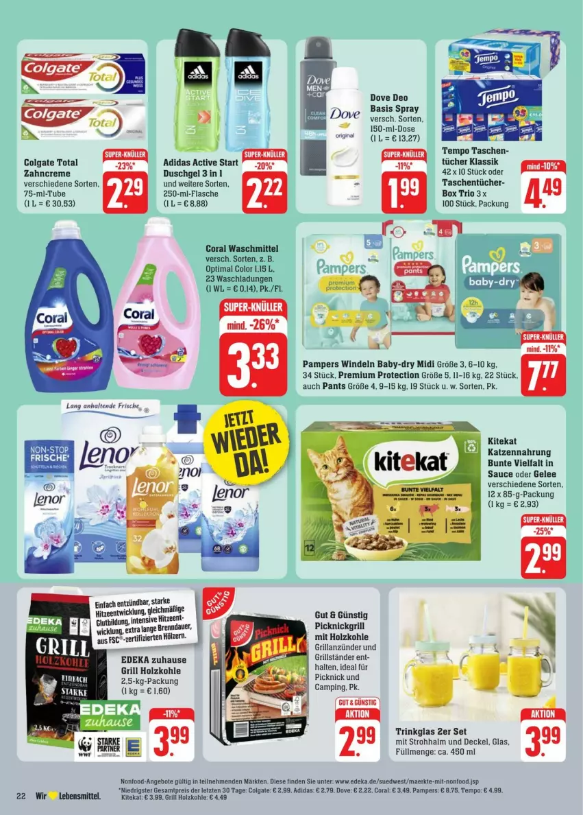 Aktueller Prospekt Edeka - Prospekte - von 13.07 bis 20.07.2024 - strona 34 - produkty: Adidas, anzünder, auer, baby-dry, colgate, colgate total, Coral, creme, decke, Deckel, deka, deo, dove, duschgel, eis, flasche, gelee, grill, grillanzünder, Holz, holzkohle, katzennahrung, kitekat, lebensmittel, LG, pampers, Pants, reis, sauce, Tasche, taschen, taschentücher, Tempo, Ti, trinkglas, tücher, waschmittel, WICK, windeln, zahncreme, ZTE