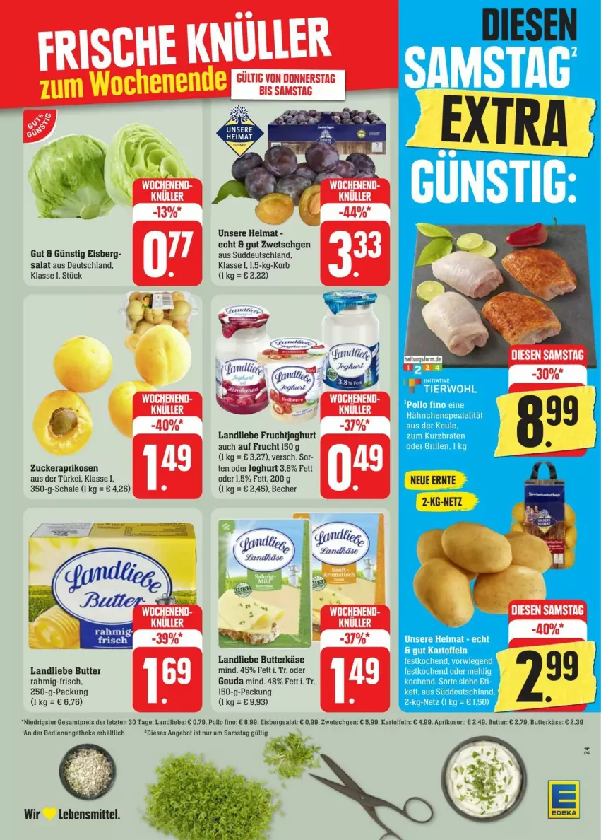 Aktueller Prospekt Edeka - Prospekte - von 13.07 bis 20.07.2024 - strona 36 - produkty: angebot, aprikose, aprikosen, Becher, braten, butter, butterkäse, eis, eisbergsalat, frucht, fruchtjoghurt, gouda, joghur, joghurt, kartoffel, kartoffeln, Käse, korb, landliebe, lebensmittel, mehl, Pollo Fino, reis, salat, Schal, Schale, Spezi, Ti, ZTE, zucker