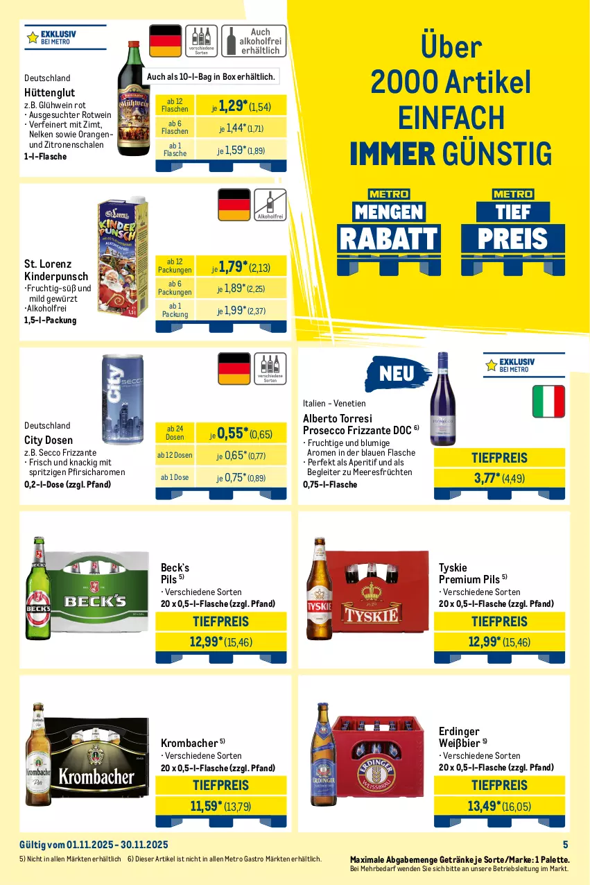 Aktueller Prospekt Metro - Wochen-Angebote Händler - von 10.11 bis 15.11.2025 - strona 14 - produkty: alkohol, angebot, aperitif, bacardi, bier, cola, ecco, eis, erdinger, flasche, frizzante, frucht, früchte, früchten, getränk, getränke, gewürz, Glühwein, Gorbatschow, Havana Club, jack daniel, jim beam, Kinder, krombache, krombacher, limette, lorenz, meeresfrüchte, melone, Metro, metro gastro, Mett, moskovskaya, orange, orangen, Palette, pfirsich, pils, premium pils, prosecco, reis, rotwein, Schal, Schale, sprite, Ti, tiefpreis, tyskie, wasser, wassermelone, wein, wodka, zitrone, zitronen