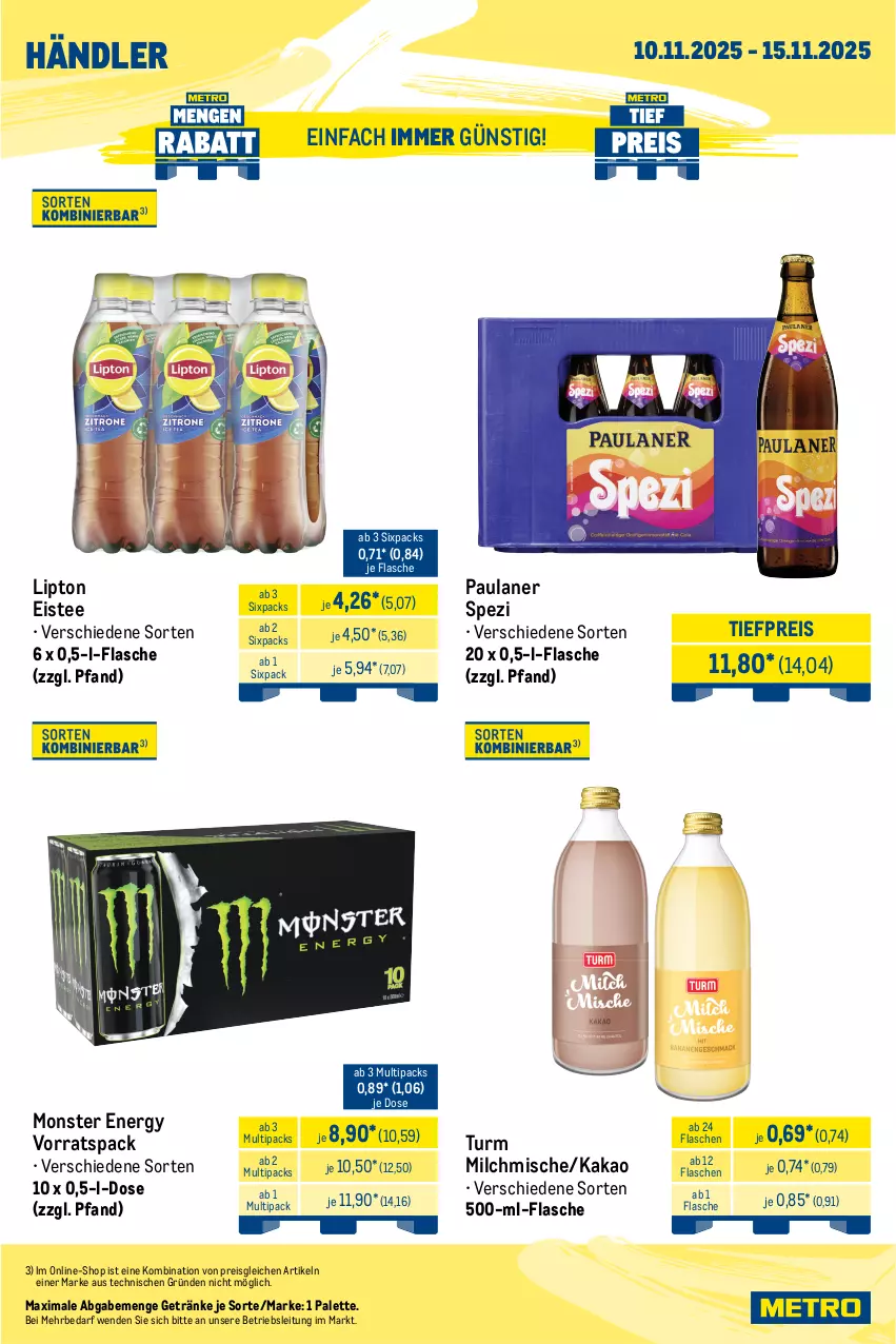 Aktueller Prospekt Metro - Wochen-Angebote Händler - von 10.11 bis 15.11.2025 - strona 3 - produkty: beutel, chips, eis, eistee, flasche, getränk, getränke, hanuta, kakao, lays, lipton, milch, monster, Monster Energy, oreo, Palette, Paula, paulaner, reis, Spezi, tee, Ti, tiefpreis