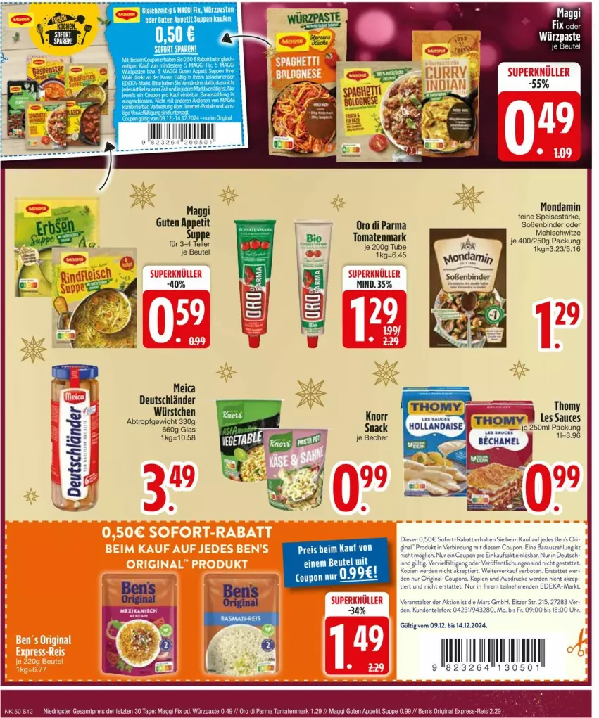 Aktueller Prospekt Edeka - Prospekte - von 09.12 bis 14.12.2024 - strona 14 - produkty: Becher, beutel, coupon, coupons, deka, dip, eis, elle, ente, erde, gin, hollandaise, knorr, maggi, maggi fix, mars, meica, oro di parma, reis, sauce, snack, sofort-rabatt, Soße, suppe, suppen, telefon, teller, Ti, tomate, tomaten, tomatenmark, uhr, ZTE