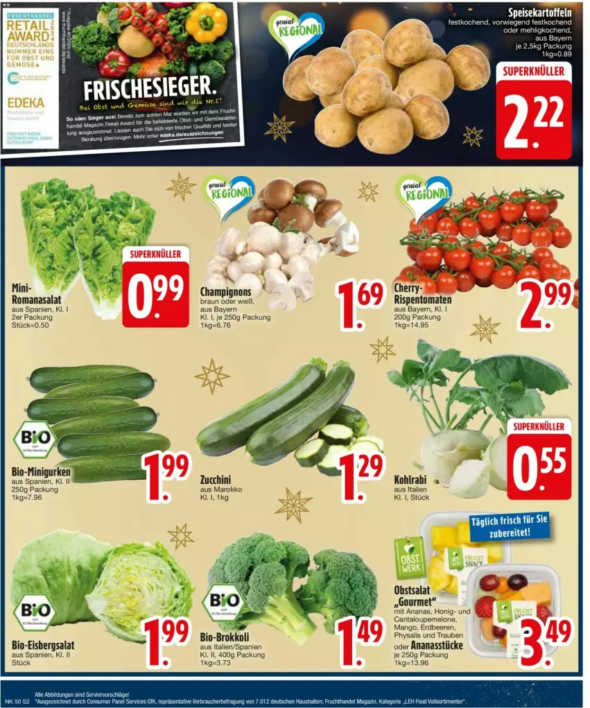 Aktueller Prospekt Edeka - Prospekte - von 09.12 bis 14.12.2024 - strona 4 - produkty: ananas, Ananasstücke, beere, beeren, bio, braun, brokkoli, champignon, champignons, eis, eisbergsalat, erdbeere, erdbeeren, frucht, honig, kohlrabi, magazin, mango, melone, obst, Obst und Gemüse, Physalis, rispentomaten, roba, Romanasalat, salat, tomate, tomaten, trauben, und gemüse, zucchini