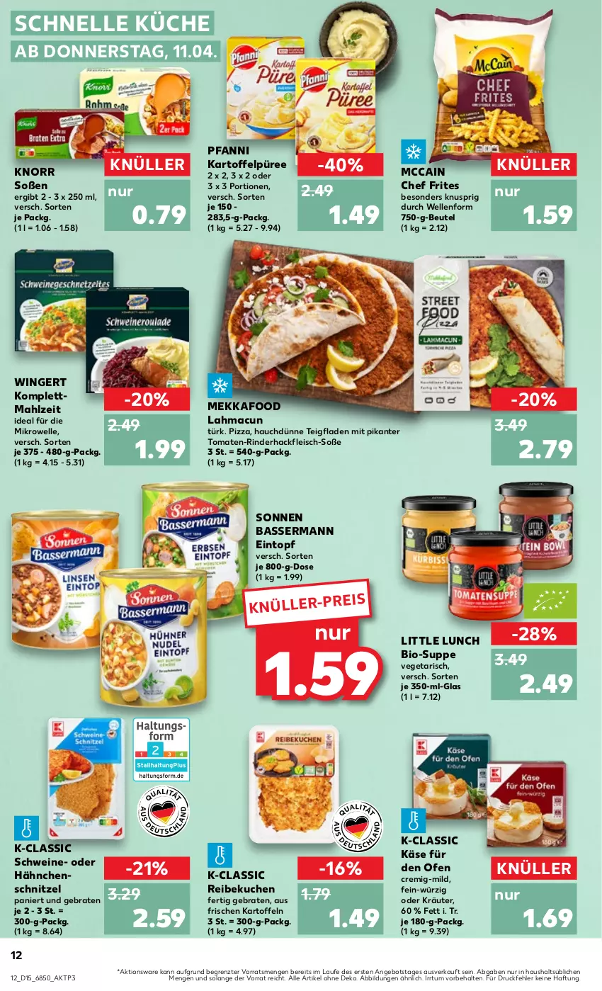 Aktueller Prospekt Kaufland - Prospekt - von 11.04 bis 17.04.2024 - strona 12 - produkty: angebot, beutel, bio, braten, eintopf, eis, elle, fleisch, hackfleisch, Hähnchenschnitzel, kartoffel, kartoffeln, Kartoffelpüree, Käse, knorr, kräuter, küche, kuchen, mac, mccain, mikrowelle, oder kräuter, Ofen, pfanni, pizza, püree, rind, rinder, rinderhackfleisch, schnitzel, schwein, schweine, Soße, suppe, Ti, tomate, tomaten, topf, Vegeta, wein, weine, ZTE