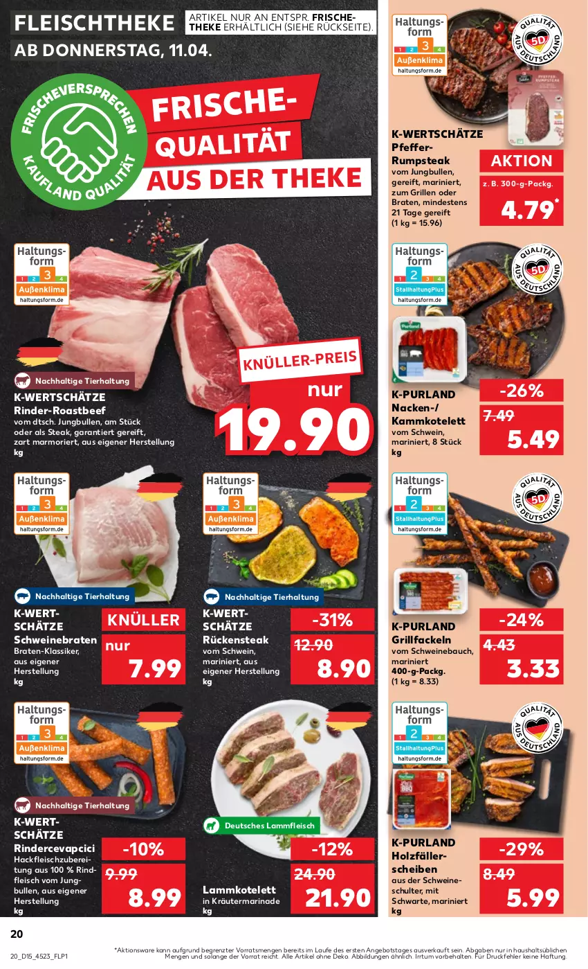 Aktueller Prospekt Kaufland - Prospekt - von 11.04 bis 17.04.2024 - strona 20 - produkty: angebot, Bau, beef, braten, cevapcici, eis, fleisch, grill, grillfackeln, hackfleisch, Holz, jungbullen, kotelett, kräuter, lamm, Lammfleisch, lammkotelett, marinade, pfeffer, purland, rind, rinder, rindfleisch, roastbeef, Rückensteak, rum, rumpsteak, schwein, schweine, Schweinebauch, schweinebraten, steak, Ti, wein, weine, ZTE