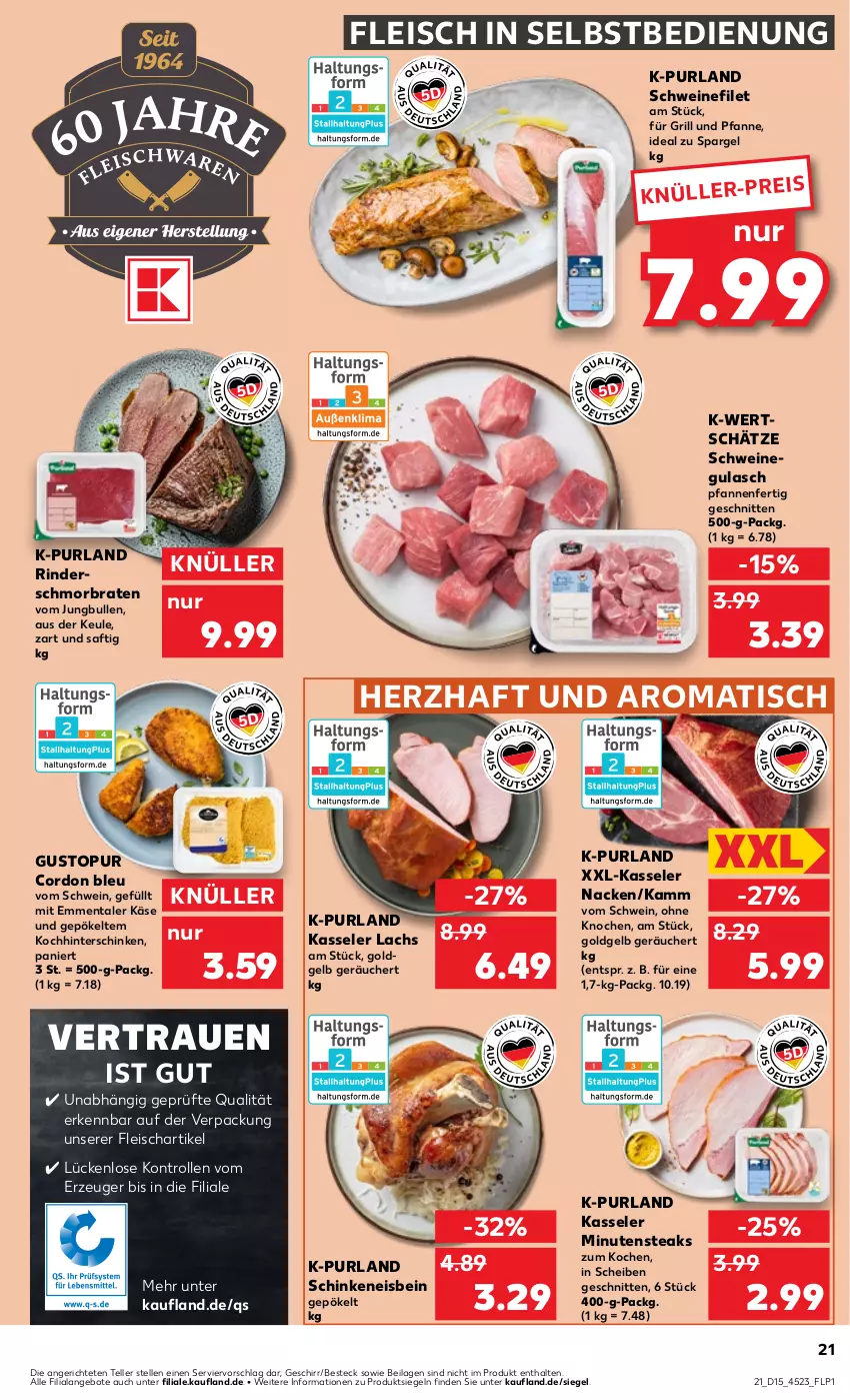 Aktueller Prospekt Kaufland - Prospekt - von 11.04 bis 17.04.2024 - strona 21 - produkty: angebot, angebote, besteck, braten, cordon bleu, eis, elle, emmentaler, filet, fleisch, fleisch in selbstbedienung, für grill und pfanne, geschirr, grill, grill und pfanne, gulasch, hinterschinken, ilag, jungbullen, Käse, kasseler, lachs, minutensteaks, pfanne, pfannen, purland, rind, rinder, saft, schinken, schmorbraten, schnitten, schwein, schweine, schweinefilet, schweinegulasch, spargel, steak, steaks, teller, Ti, tisch, und pfanne, wein, weine