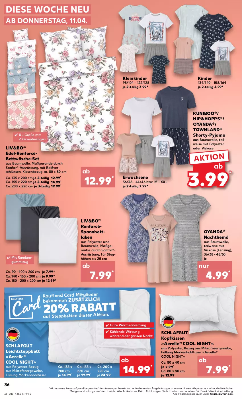 Aktueller Prospekt Kaufland - Prospekt - von 11.04 bis 17.04.2024 - strona 36 - produkty: angebot, angebote, Bau, baumwolle, beko, bett, Betten, bettwäsche, eis, elle, hemd, Kinder, kissen, Kissenbezug, kopfkissen, lenzing, mikrofaser, Nachthemd, Pyjama, rel, shorty, shorty-pyjama, spannbettlaken, steppbett, Ti, wolle, ZTE