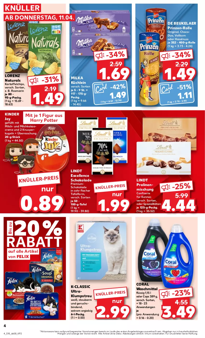 Aktueller Prospekt Kaufland - Prospekt - von 11.04 bis 17.04.2024 - strona 4 - produkty: angebot, binden, Cap, chips, Coral, creme, de beukelaer, eis, elle, felix, gin, haselnuss, kakao, kartoffel, kartoffelchips, Kinder, klumpstreu, korn, Kugel, lindt, lorenz, milch, milka, natur, natura, nuss, pralinen, rosmarin, schoko, schokolade, Spezi, Ti, waschmittel, ZTE