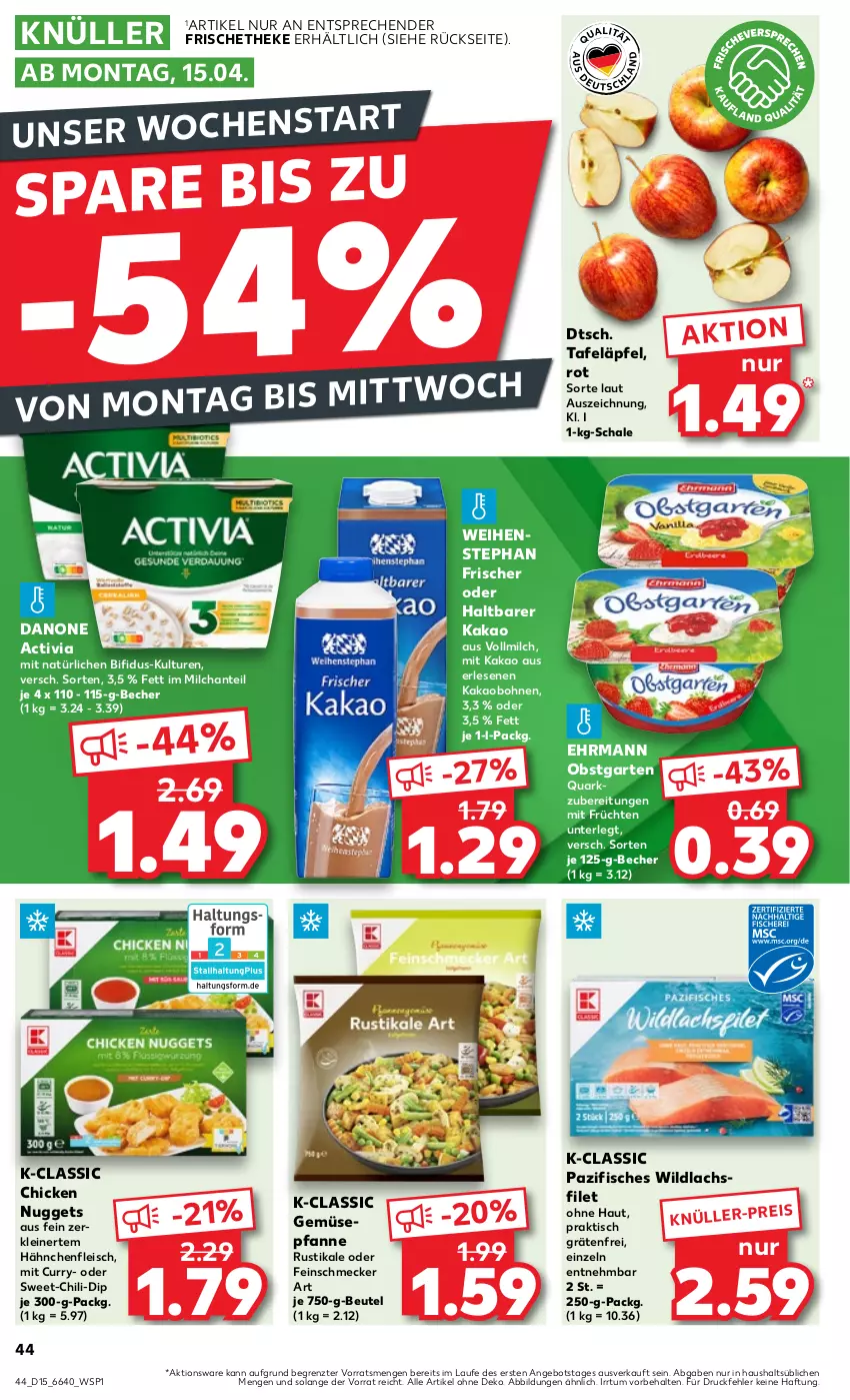 Aktueller Prospekt Kaufland - Prospekt - von 11.04 bis 17.04.2024 - strona 44 - produkty: activia, angebot, Becher, beutel, bifi, bohne, bohnen, chicken nuggets, chili, curry, danone, danone activia, dip, ehrmann, eis, feinschmecker, filet, fisch, fische, fleisch, früchte, früchten, Garten, Hähnchenfleisch, kakao, lachs, lachsfilet, leine, milch, nuggets, obst, obstgarten, pfanne, quark, Schal, Schale, tafeläpfel, Ti, tisch, vollmilch, weihenstephan, Wild, wildlachs, ZTE