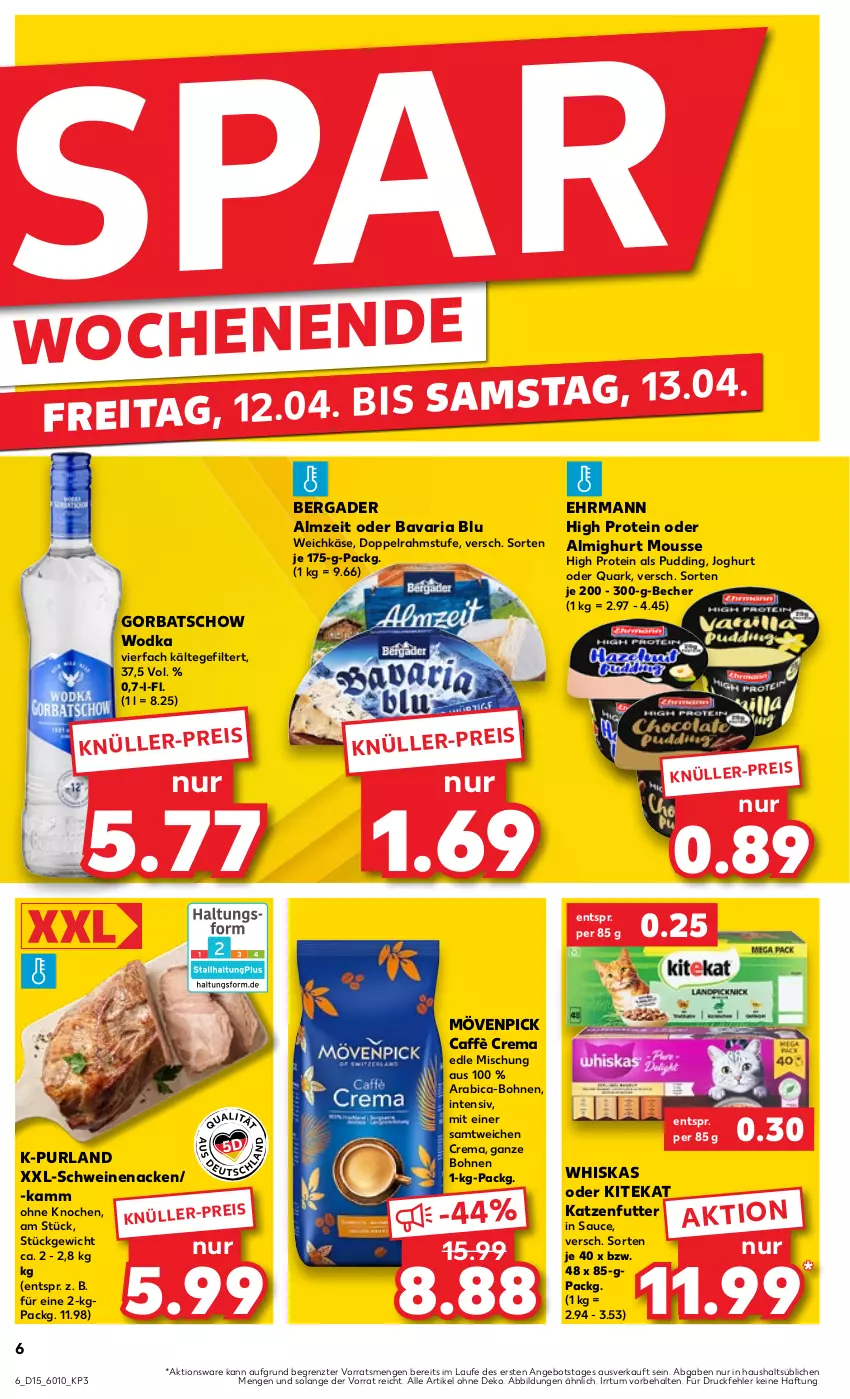 Aktueller Prospekt Kaufland - Prospekt - von 11.04 bis 17.04.2024 - strona 6 - produkty: almighur, almighurt, angebot, bavaria blu, Becher, bergader, bohne, bohnen, caffè crema, doppelrahmstufe, ehrmann, eis, Gorbatschow, gorbatschow wodka, joghur, joghurt, Käse, katzenfutter, kitekat, mousse, mövenpick, pudding, purland, quark, Ria, sauce, schwein, schweine, schweinenacken, Ti, weichkäse, wein, weine, whiskas, wodka, ZTE