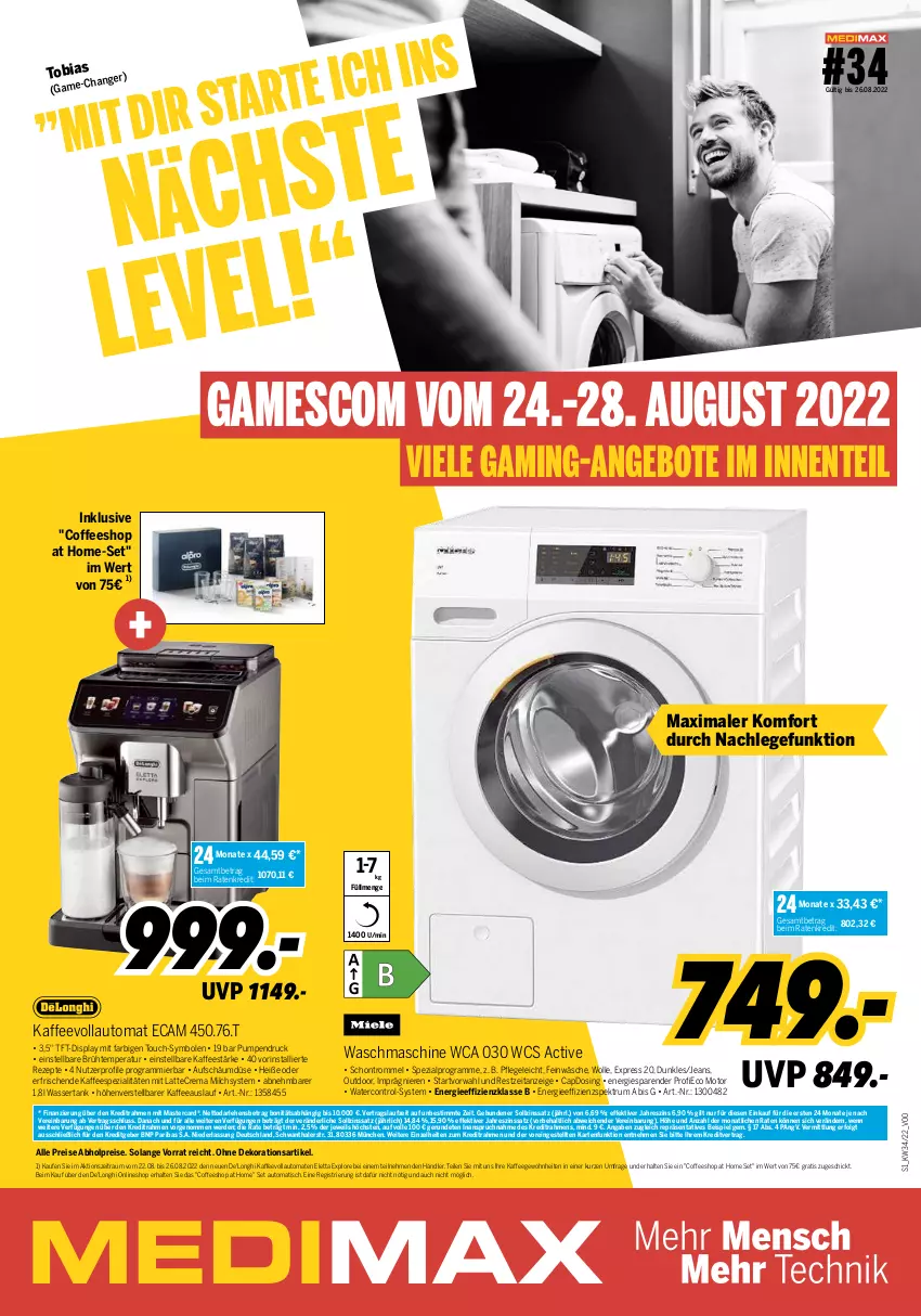 Aktueller Prospekt Medimax - MEDIMAX Prospekt KW34 2022 - von 19.08 bis 25.08.2022 - strona 1 - produkty: abholpreise, alpro, angebot, angebote, auto, Cap, De'Longhi, dekoration, eis, ente, erde, gefu, jeans, kaffee, kaffeespezialitäten, kaffeevollautomat, kaffeevollautomaten, latte, LG, mastercard, milch, reis, rezept, rezepte, rum, Spektrum, Spezi, Ti, tisch, tomate, tomaten, trommel, vollautomaten, waschmaschine, wasser, wassertank, wolle