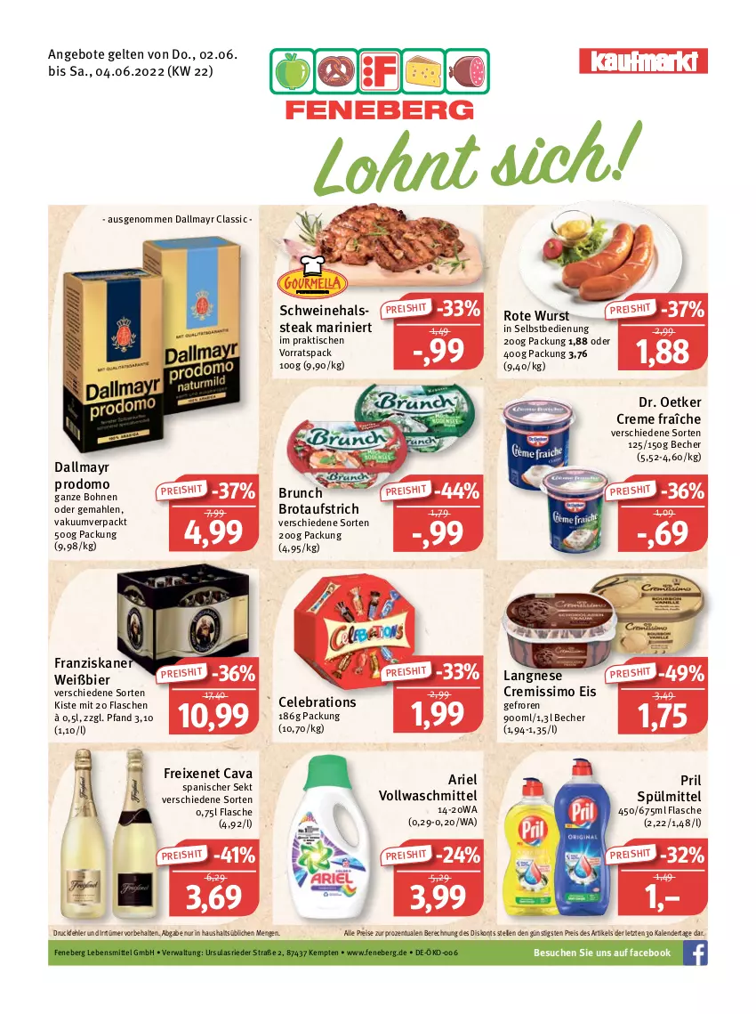 Aktueller Prospekt Feneberg - Prospekte - von 02.06 bis 04.06.2022 - strona 1 - produkty: angebot, angebote, ariel, aufstrich, Becher, bier, bohne, bohnen, brot, brotaufstrich, Cava, creme, cremissimo, dallmayr, dallmayr prodomo, Dr. Oetker, eis, elle, flasche, franziskaner, freixenet, langnese, langnese cremissimo, lebensmittel, pril, prodomo, reis, schwein, schweine, sekt, sim, spülmittel, steak, Ti, tisch, vollwaschmittel, waschmittel, wein, weine, wurst, ZTE