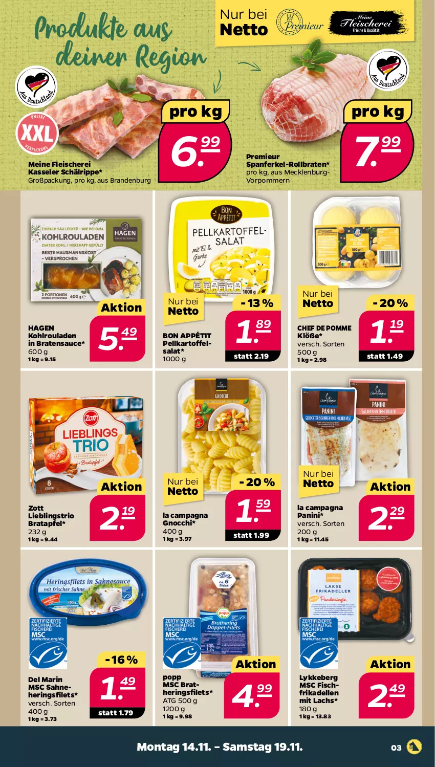 Aktueller Prospekt Netto - Woche 46 - von 14.11 bis 19.11.2022 - strona 3 - produkty: apfel, braten, dell, eis, elle, filet, filets, fisch, fleisch, Fleischerei, frikadellen, gnocchi, hering, Herings, heringsfilets, kartoffel, kartoffelsalat, kasseler, Kohlrouladen, lachs, Popp, ring, rollbraten, rouladen, sahne, salat, sauce, Schere, Ti, zott