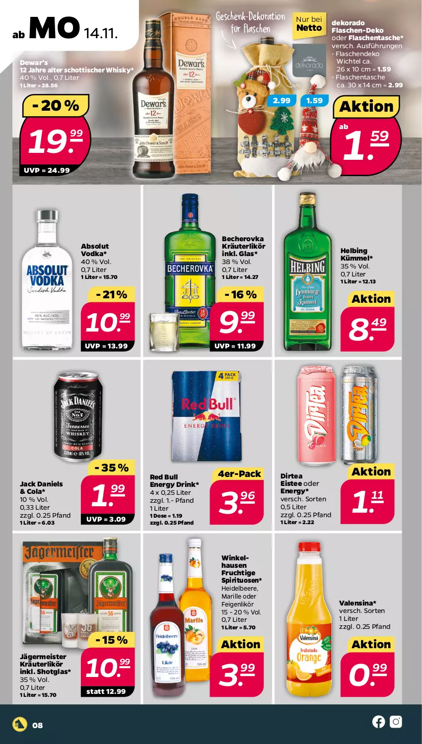 Aktueller Prospekt Netto - Woche 46 - von 14.11 bis 19.11.2022 - strona 8 - produkty: Absolut Vodka, Becher, Becherovka, beere, cola, dekoration, drink, eis, eistee, energy drink, Feigen, flasche, frucht, Germ, heidelbeere, hero, jack daniel, jack daniels, jägermeister, kräuter, kräuterlikör, likör, Meister, red bull, schott, Shotglas, spirituosen, Tasche, tee, Ti, tisch, valensina, vodka, whisky, Wichtel, winkelhausen