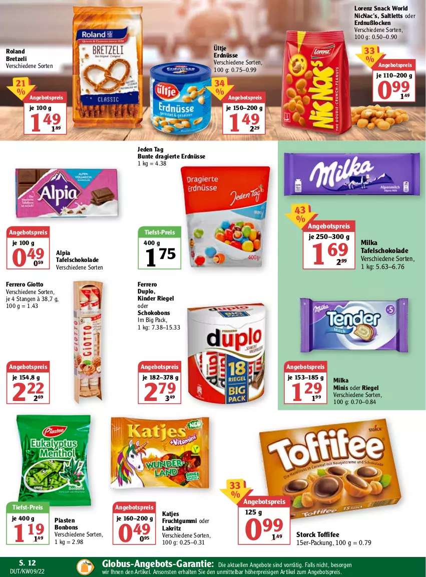 Aktueller Prospekt Globus - Prospekte - von 28.02 bis 05.03.2022 - strona 14 - produkty: alpia, angebot, angebote, angebotspreis, bonbons, duplo, eis, elle, erdnüsse, ferrero, frucht, fruchtgummi, giotto, katjes, Kinder, kinder riegel, Lakritz, lorenz, milka, oder lakritz, reis, riegel, saltletts, schoko, schokolade, snack, storck, tafelschokolade, Ti, tiefst-preis, toffifee, ültje, ültje erdnüsse