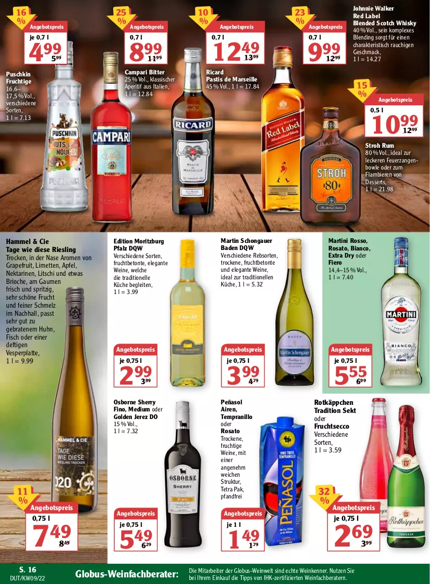 Aktueller Prospekt Globus - Prospekte - von 28.02 bis 05.03.2022 - strona 18 - produkty: angebot, angebotspreis, aperitif, apfel, asti, auer, Bad, bier, Biere, blended scotch, blended scotch whisky, bowle, braten, campari, dessert, desserts, ecco, eis, elle, fisch, frucht, fruchtsecco, grapefruit, johnnie walker, küche, latte, limette, limetten, mac, mars, martini, Mett, metten, Nektar, nektarinen, osborne, Rauch, reis, riesling, rosato, rotkäppchen, rum, scotch, scotch whisky, sekt, tempranillo, Ti, tisch, wein, weine, whisky, Zangen