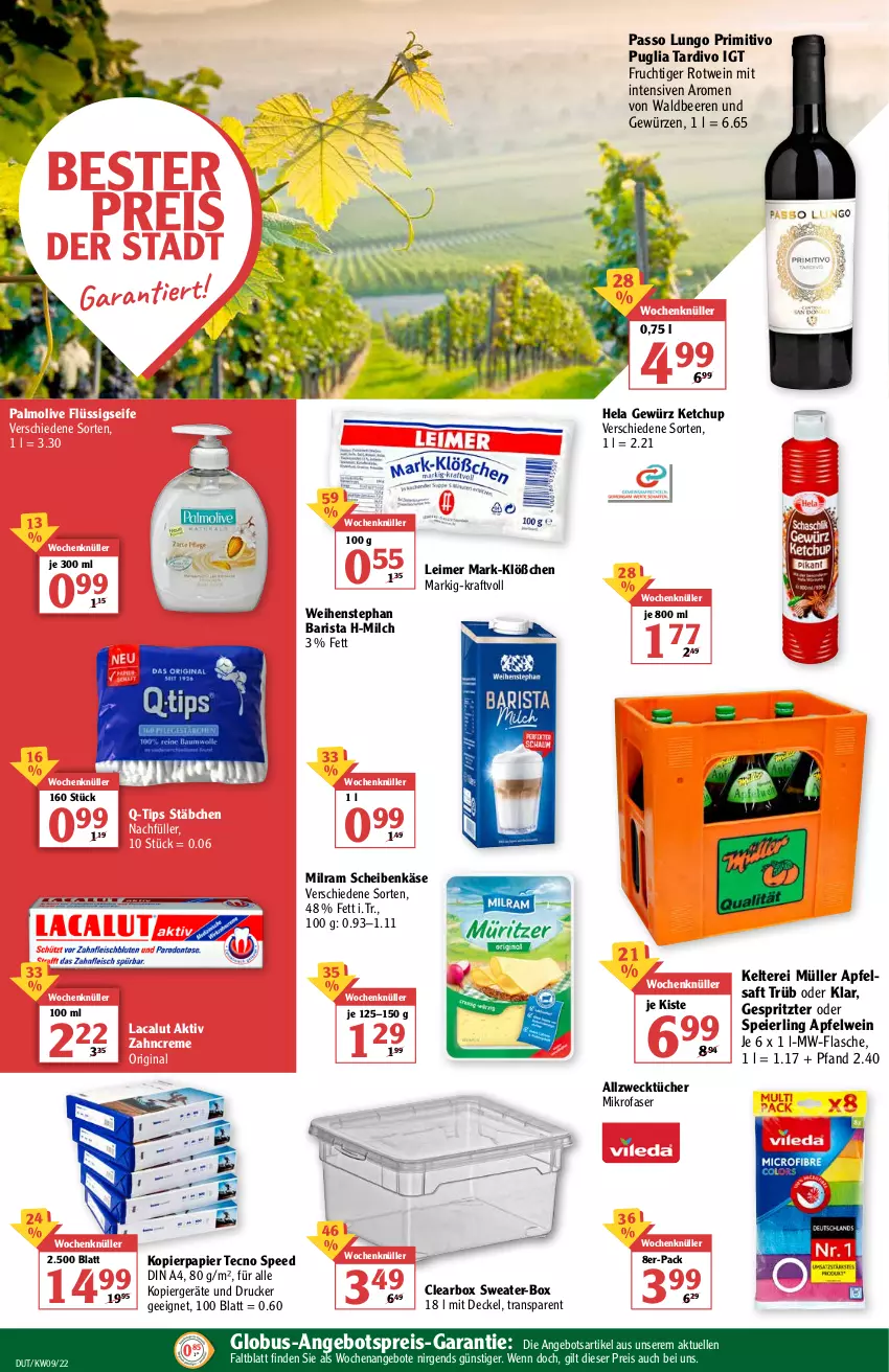 Aktueller Prospekt Globus - Prospekte - von 28.02 bis 05.03.2022 - strona 2 - produkty: Allzwecktücher, angebot, angebote, angebotspreis, apfel, apfelsaft, apfelwein, beere, beeren, creme, decke, Deckel, din a4, drucker, eier, eimer, eis, elle, esprit, flasche, flüssigseife, frucht, gewürz, gin, Hela, Käse, ketchup, kopierpapier, kraft, Lacalut, leimer, lungo, mikrofaser, milch, milram, Müller, mw-flasche, olive, palmolive, papier, passo, primitivo, reis, rotwein, saft, Seife, spee, Sweater, Ti, tücher, weck, weihenstephan, wein, zahncreme, ZTE