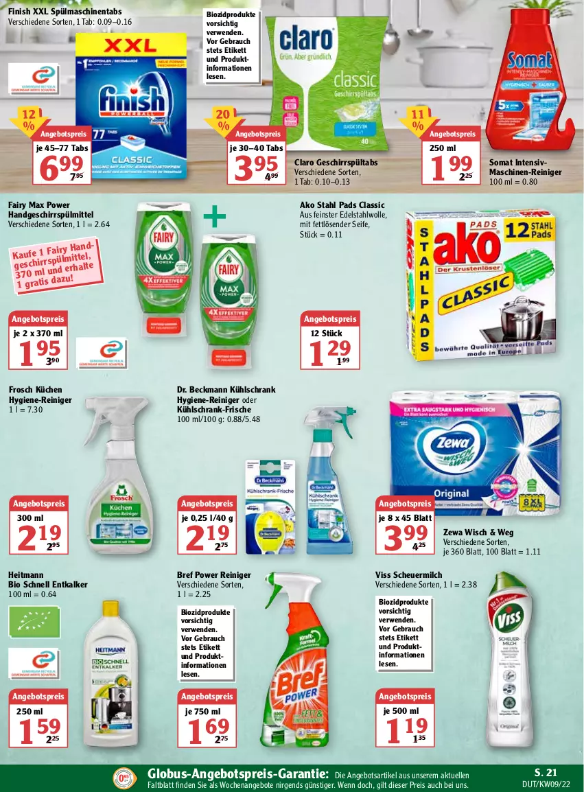 Aktueller Prospekt Globus - Prospekte - von 28.02 bis 05.03.2022 - strona 23 - produkty: angebot, angebote, angebotspreis, bio, biozidprodukte, Bref, bref power, Dr. Beckmann, edelstahl, eis, elle, entkalker, fairy, Finish, Frosch, geschirr, geschirrspülmittel, heitmann, Heu, hygiene-reiniger, küche, Küchen, kühlschrank, milch, Rauch, reiniger, reis, rwe, scheuermilch, Schrank, Seife, somat, spülmaschinen, spülmaschinentabs, spülmittel, Ti, wolle, zewa