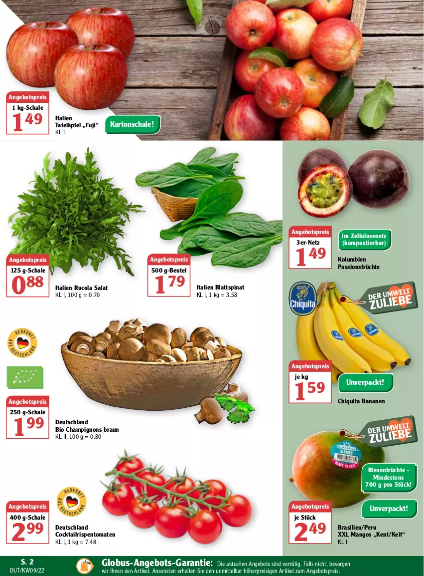 Aktueller Prospekt Globus - Prospekte - von 28.02 bis 05.03.2022 - strona 4 - produkty: angebot, angebote, angebotspreis, banane, bananen, beutel, bio, blattspinat, braun, champignon, champignons, champignons braun, chiquita, cocktail, cola, eis, elle, früchte, mango, mangos, reis, rispentomaten, rucola, salat, Schal, Schale, senf, spinat, Stier, tafeläpfel, Ti, tomate, tomaten