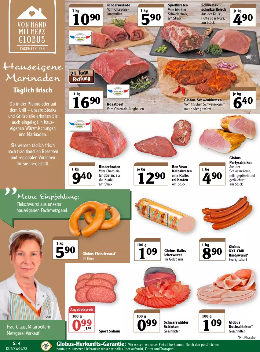 Aktueller Prospekt Globus - Prospekte - von 28.02 bis 05.03.2022 - strona 6 - produkty: angebot, angebotspreis, beef, braten, chili, eis, elle, erde, fleisch, fleischwurst, gewürz, grill, Grillspieße, jungbullen, Kalbsleber, Kalbsleberwurst, kochschinken, leberwurst, marinade, natur, nuss, pfanne, reis, rezept, rezepte, rind, rinder, rinderbraten, Rinderroulade, ring, roastbeef, rollbraten, salami, schinken, schnitten, schnitzel, schwarzwälder schinken, schwein, schweine, schweineschnitzel, Sport, steak, steaks, Ti, wein, weine, wurst