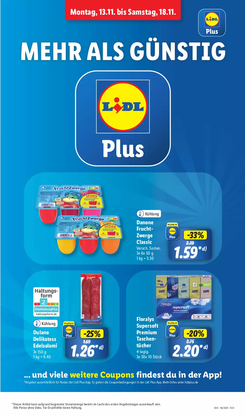 Aktueller Prospekt Lidl - Aktionsprospekt - von 13.11 bis 18.11.2023 - strona 13 - produkty: angebot, coupon, coupons, danone, danone fruchtzwerge, dulano, Edelsalami, eis, Floralys, frucht, fruchtzwerge, reis, salami, Tasche, taschen, taschentücher, Ti, tücher, ZTE