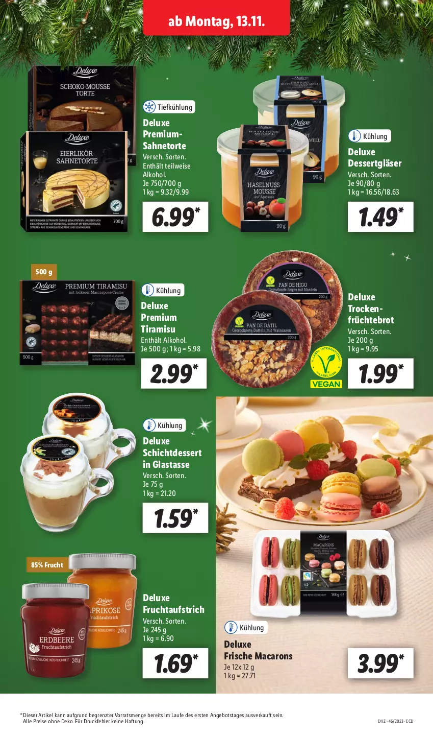 Aktueller Prospekt Lidl - Aktionsprospekt - von 13.11 bis 18.11.2023 - strona 19 - produkty: alkohol, angebot, aufstrich, brot, dessert, eis, frucht, fruchtaufstrich, früchte, Gläser, mac, Macarons, reis, sahne, tasse, Ti, tiramisu, torte, Trockenfrüchte, ZTE