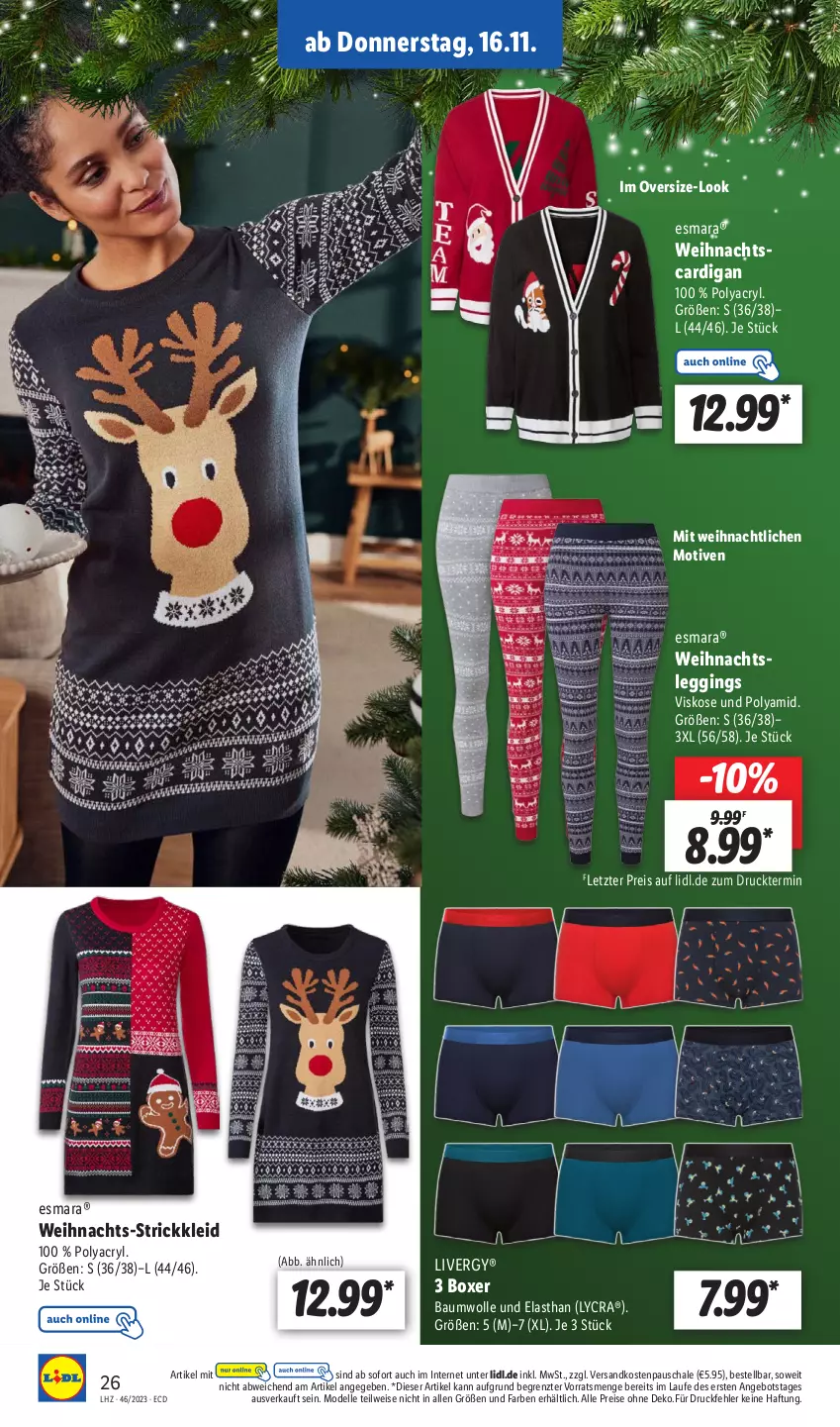 Aktueller Prospekt Lidl - Aktionsprospekt - von 13.11 bis 18.11.2023 - strona 36 - produkty: angebot, Bau, baumwolle, Cardigan, dell, eis, elle, esmara, gin, kleid, leggings, livergy, Mode, ndk, reis, Schal, Schale, Strickkleid, Ti, wolle, ZTE